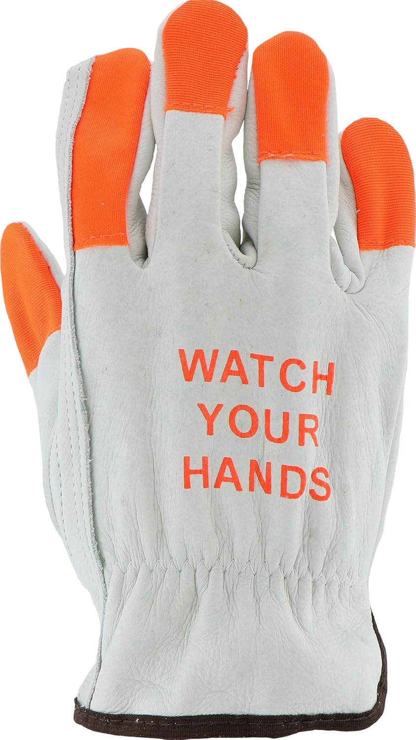 West Chester 995KOT Select Grain Cowhide Driver Gloves - [Pack of 12] Small, Safety Gloves with Keystone Thumb, Slip-On, Hi-Vis Green Finger Tips