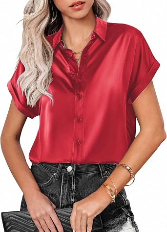 MINTLIMIT Silk Button Down Shirts for Women Short Sleeve V Neck Summer Tunic Tops Casual Work Satin Blouses