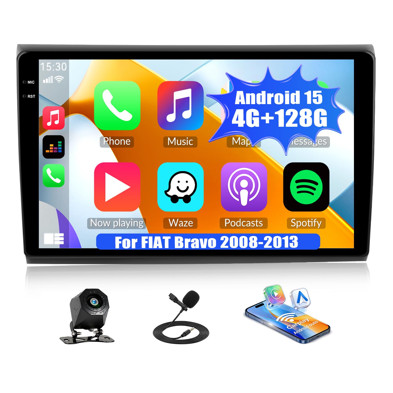 Android 15, 4G+128G CAMECHO Autoradio per FIAT Bravo 2008-2013 con Carplay Android Auto, 9 Pollici 2Din Stereo Auto Bluetooth con GPS WiFi FM/RDS EQ SWC Retrocamera&MIC, per FIAT Bravo 2008-2013