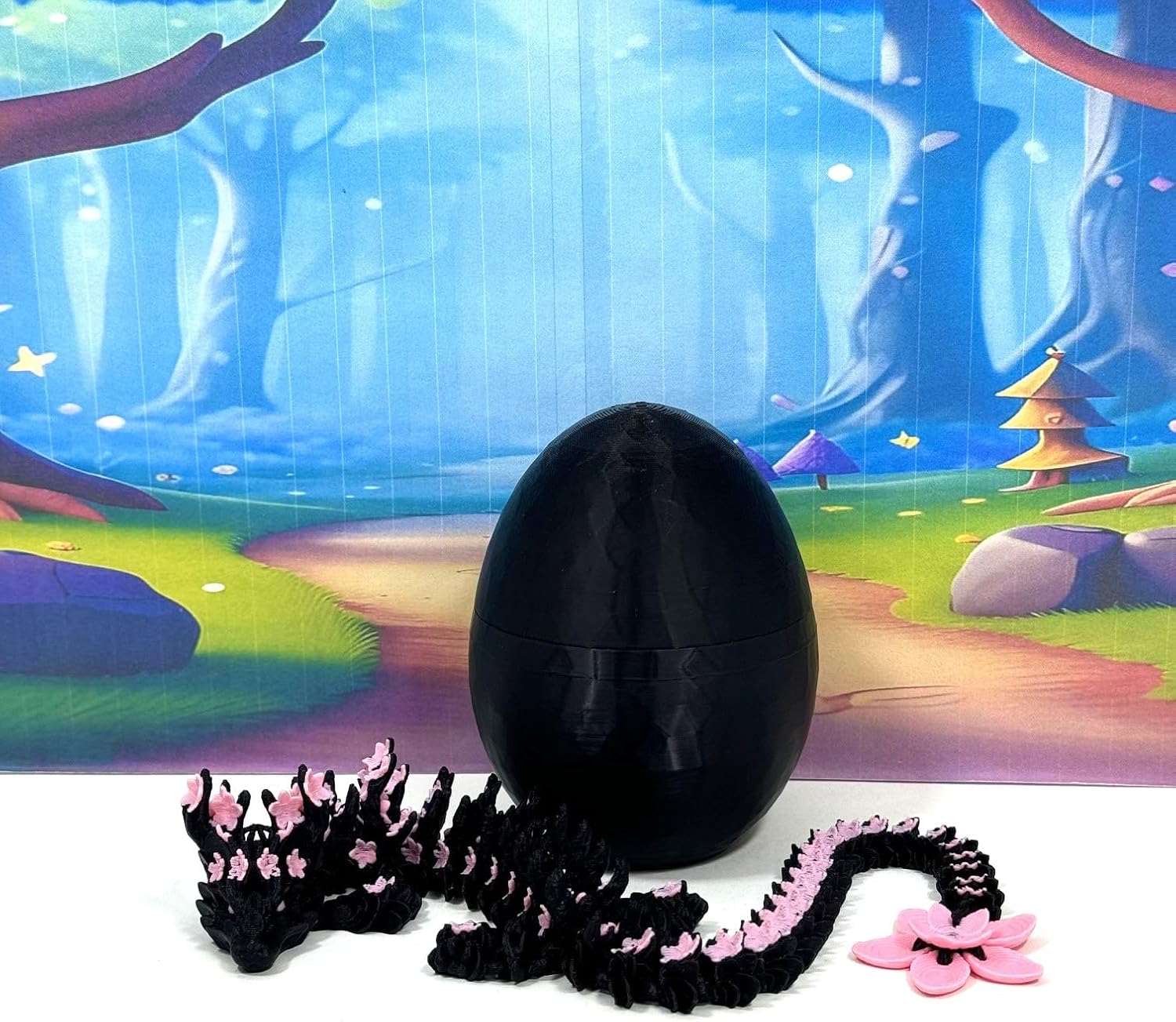 Generic 3D Printed Articulated Black and Pink Cherry Blossom Dragon, 12"" Flexible Dragon, Fidget ADHD Autism Sensory Toy D028-DR