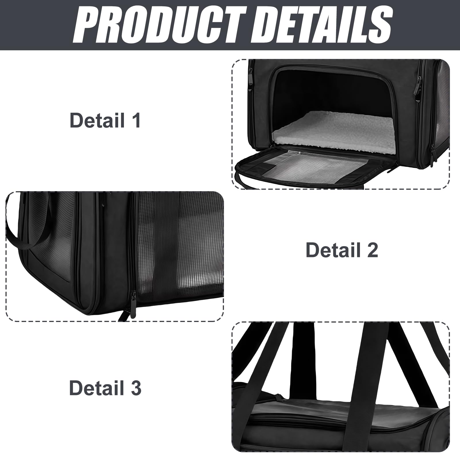 Grand sac de transport noir pour chat : sac pliable portable pour chat, sac sûr pour les petits animaux de compagnie, boîte de transport respirante pour chat pour les voyages et les visites