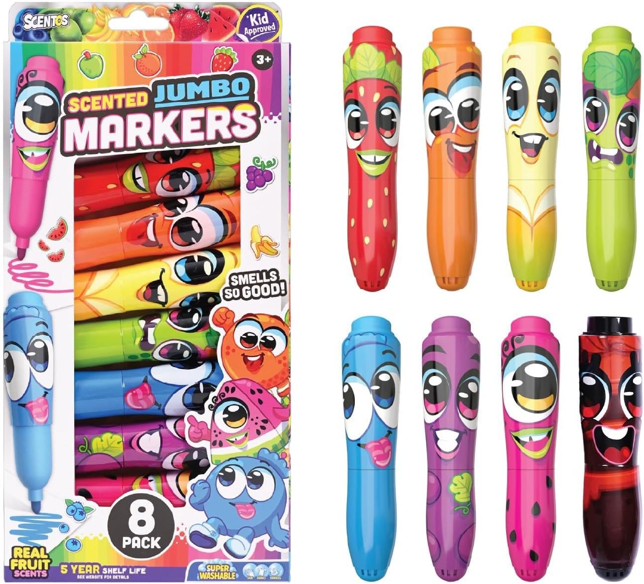 Scentos Jumbo Scented Markers for Kids, 8 Pack Fruit Scented Washable Markers, Non Toxic Chunky Design for Little Hands, Vibrant Colors, Super Washable Ink