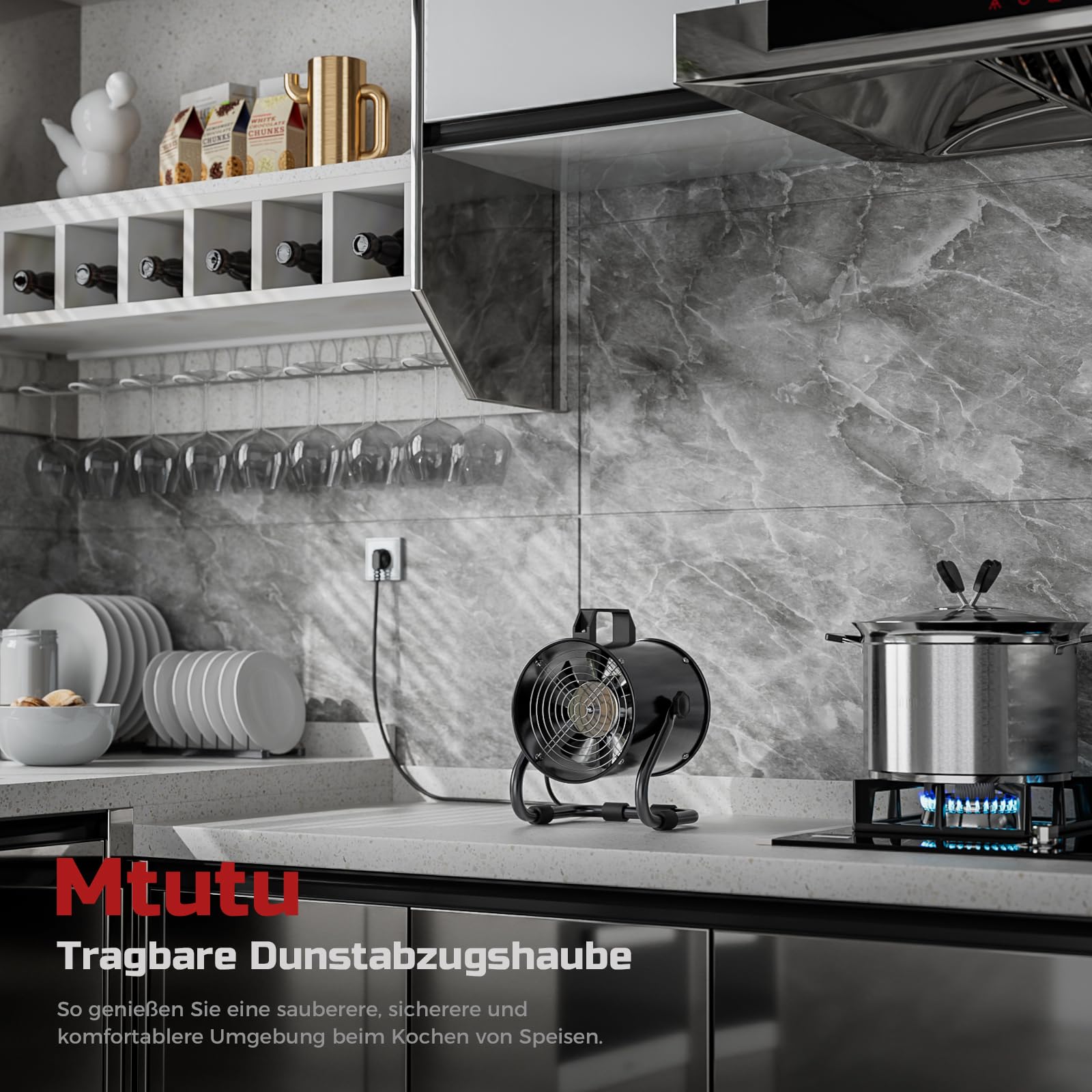 Tragbare Dunstabzugshaube 40W 600m³/h Abluftventilator mit 10 Aktivkohle Filter/120°verstellbare/Geräuscharmer/Aus Aluminiumlegierung - Mobile Abzugshaube für Belüftung Abluftgebläs im Indoor/RV