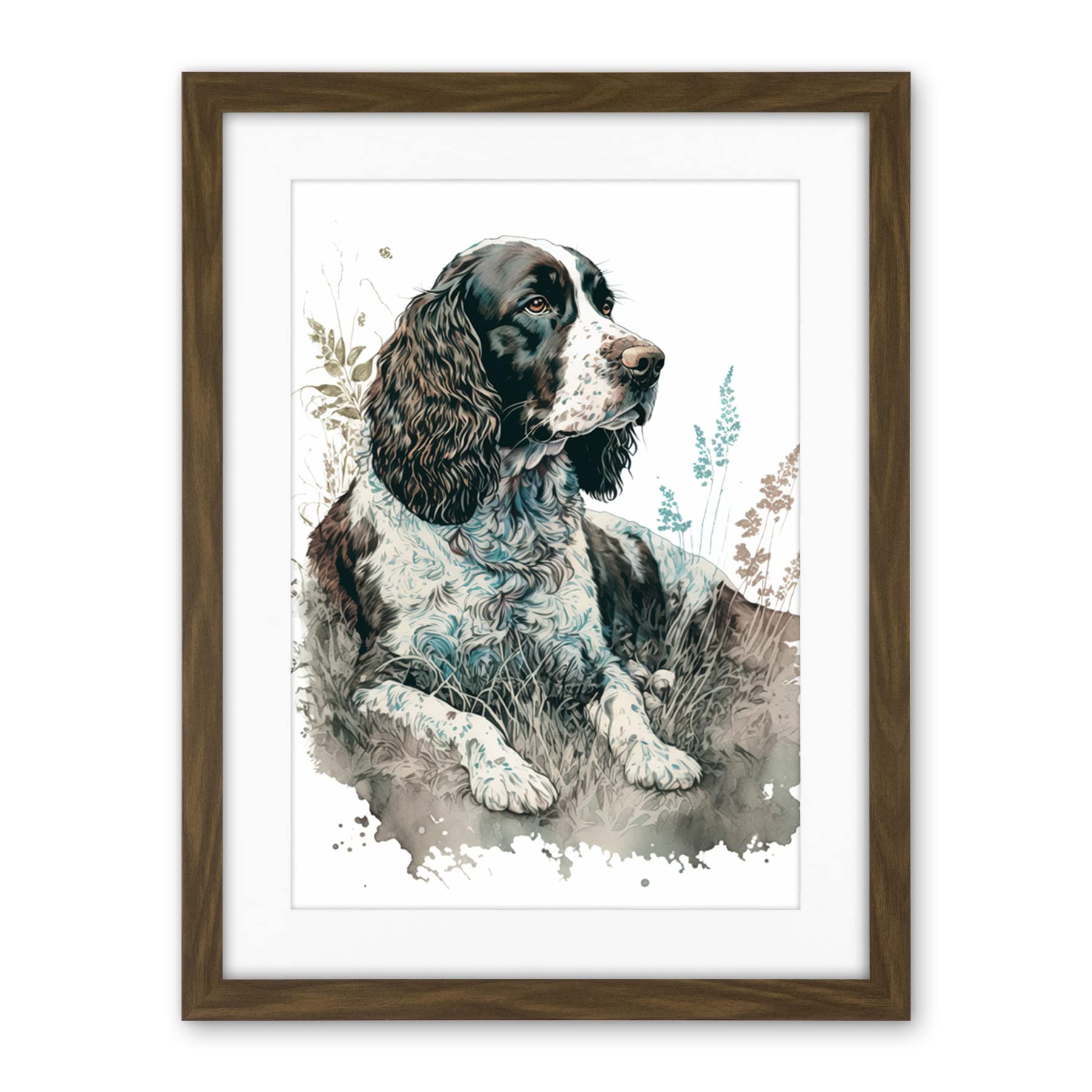 Artery8 English Springer Spaniel Dog Lying in Field Modern Watercolour Illustration Artwork Framed Wall Art Print 18X24 Inch