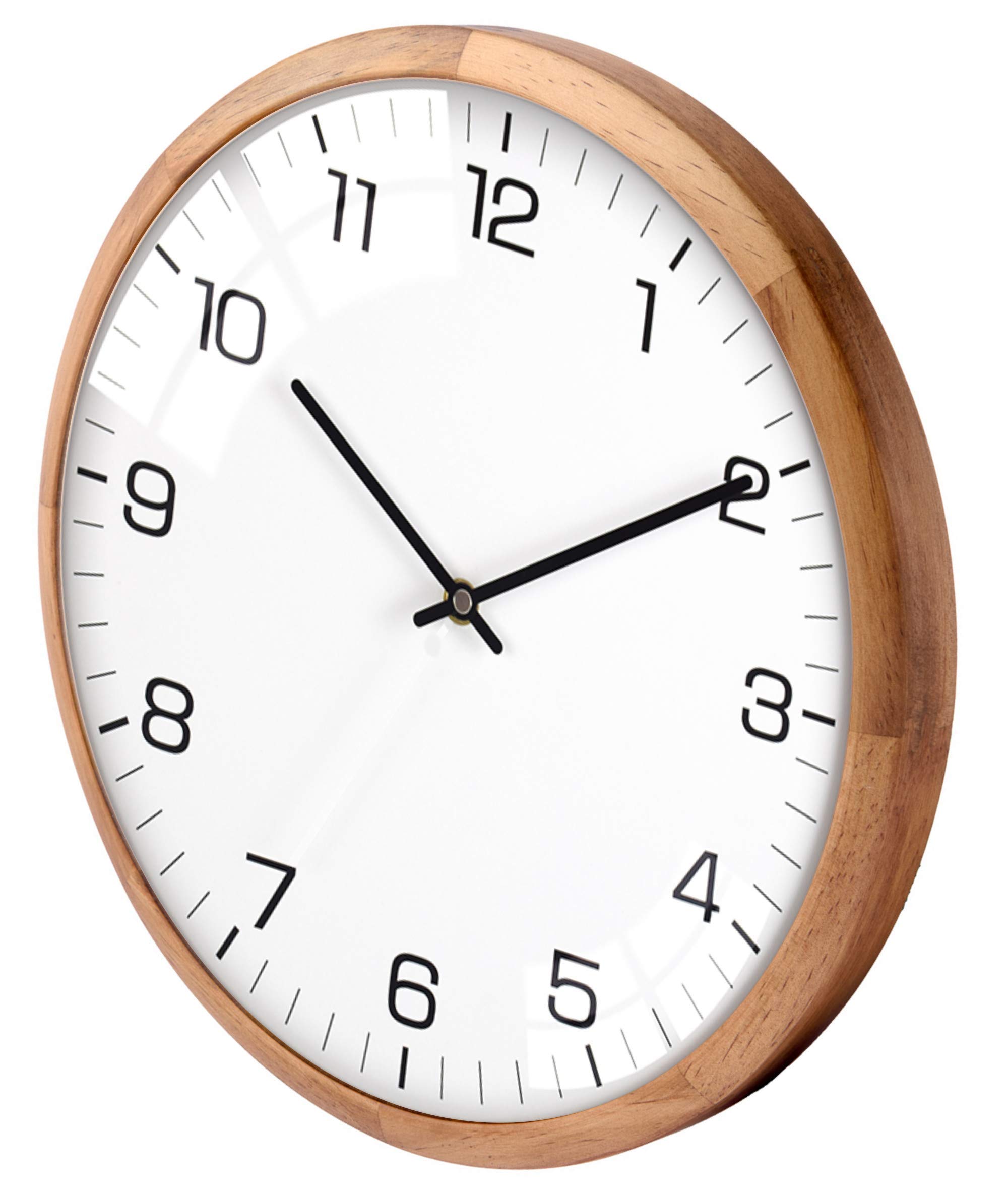 Driini Analog Dome Glass Wall Clock (12") - Wood Frame with White, Modern Face - Battery Operated with Non Ticking Hands - Large Decorative Clocks for Classroom, Office, Living Room, or Bedrooms.