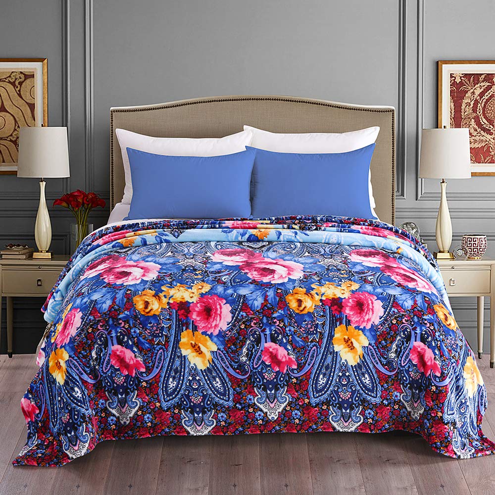 JML Plush Blanket Queen Size (90" x 90"), Super Soft Warm Printed Flannel Fleece Blanket for Couch and Sofa, White Floral