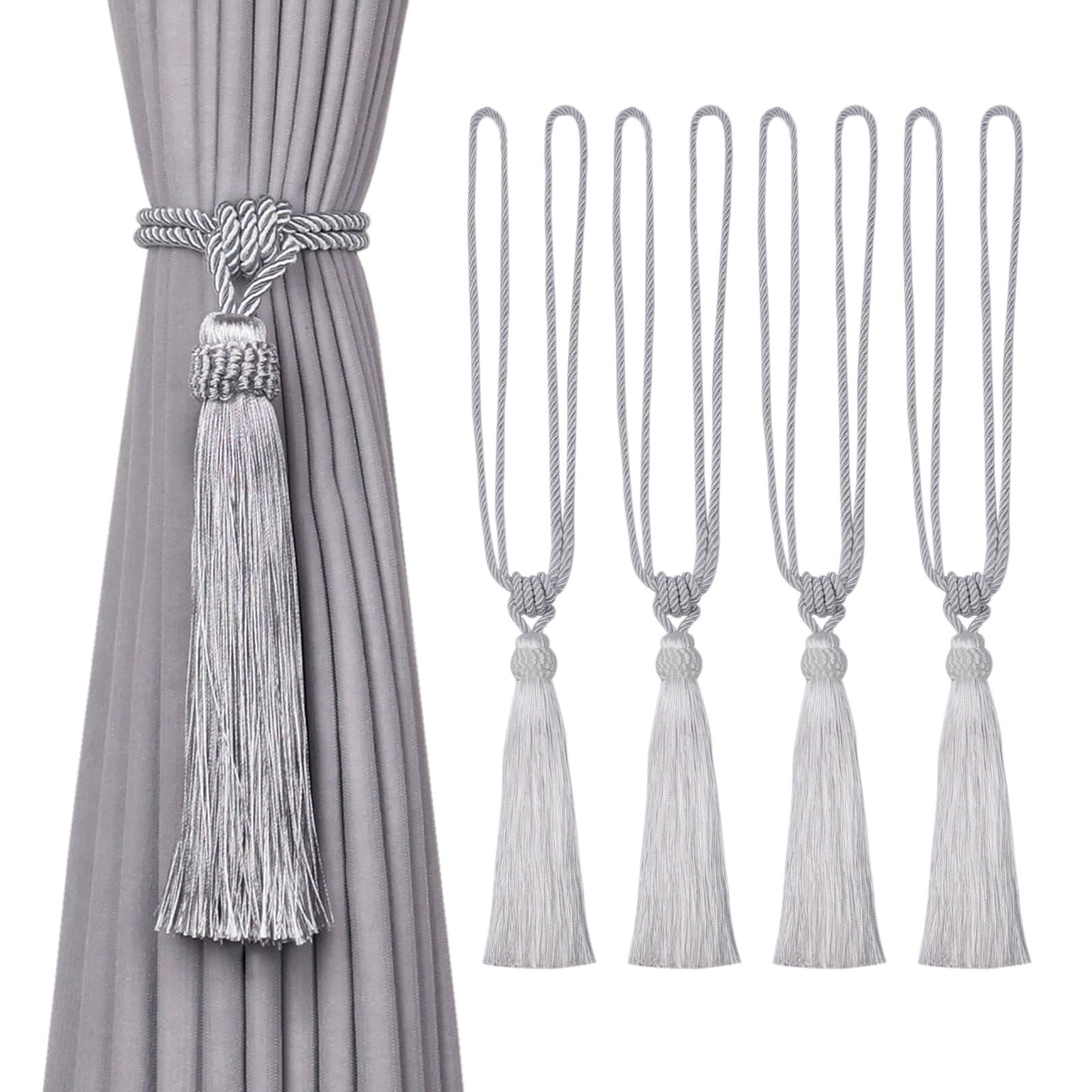 Pretty Jolly 4 Pack Long Tassel Curtain Tiebacks European Style Decorative Drape Tie Backs Elegant Handmade Braided Rope Knot Curtain Holdbacks for Home & Office Window Drapery (Silver Grey)