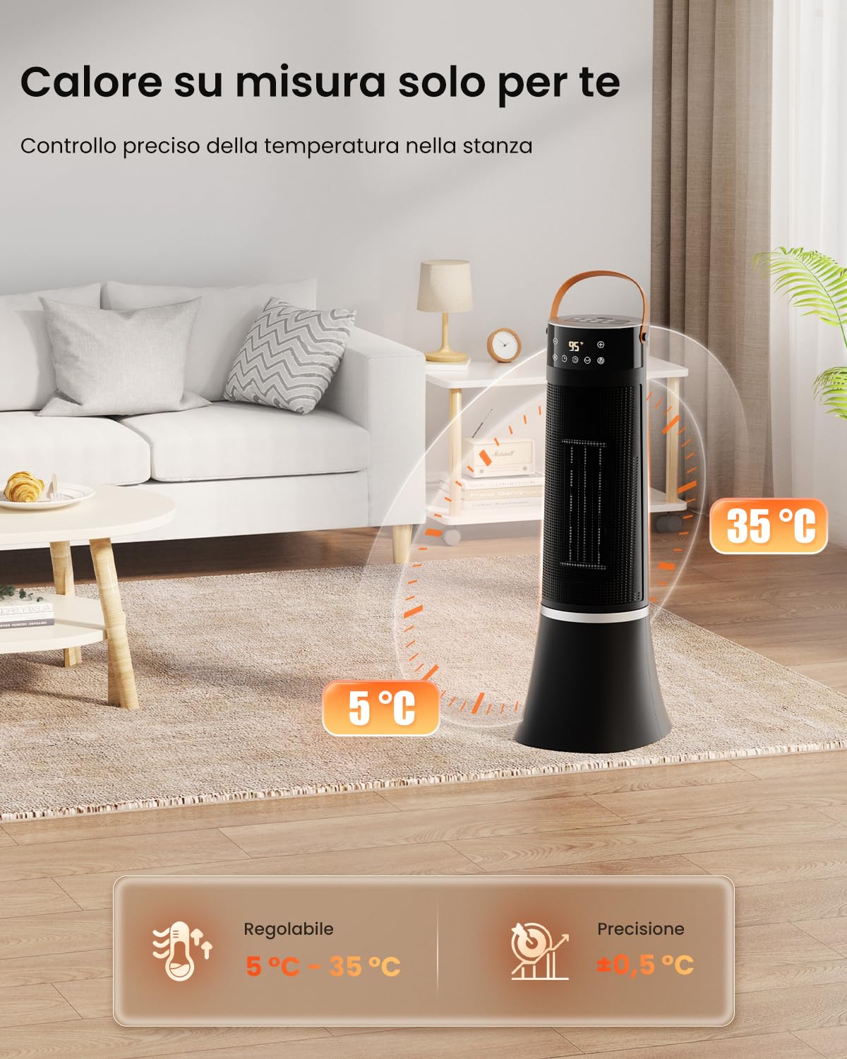 Stufetta Elettrica Basso Consumo, 2000W PTC Termoventilatore, 75° Oscillazione, 3 Modalità, Telecomando, Protezione da Surriscaldamento e Ribaltamento, timer 12 ore, Stufa Elettrica