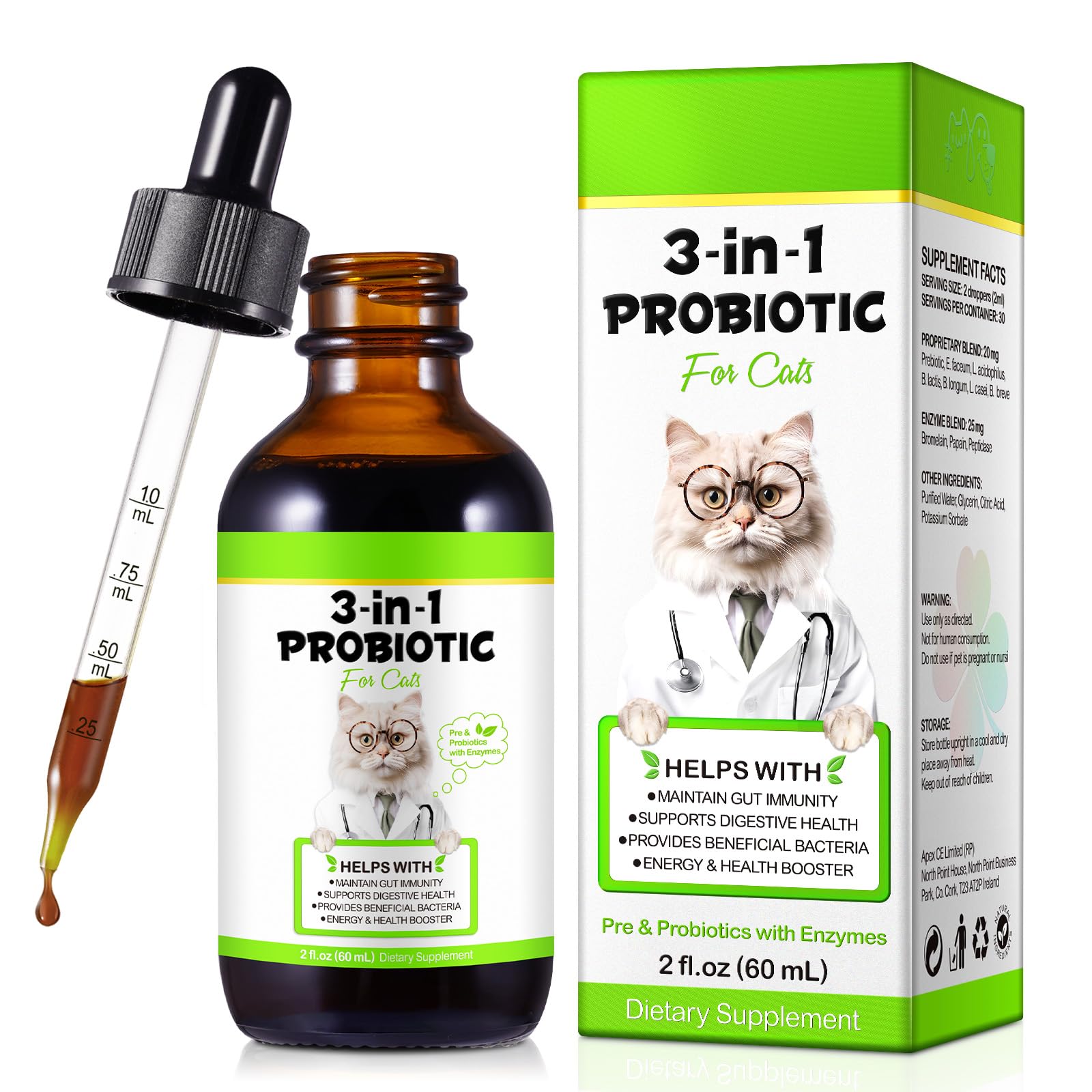 Probiotics for Cats, 3-in-1 Probiotics for Cats with Digestive Enzymes & Prebiotics,Support Gut Health, Immune Health, for All Breed Ages 60 ml