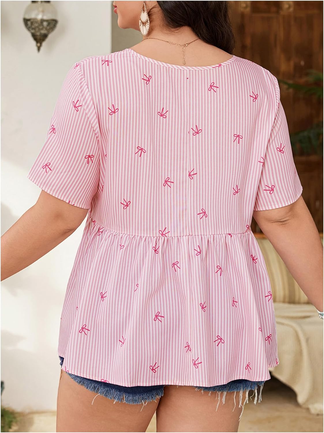 Verdusa Women's Plus Size Striped Bow Blouse Short Sleeve Summer Peplum Tops - Image 2