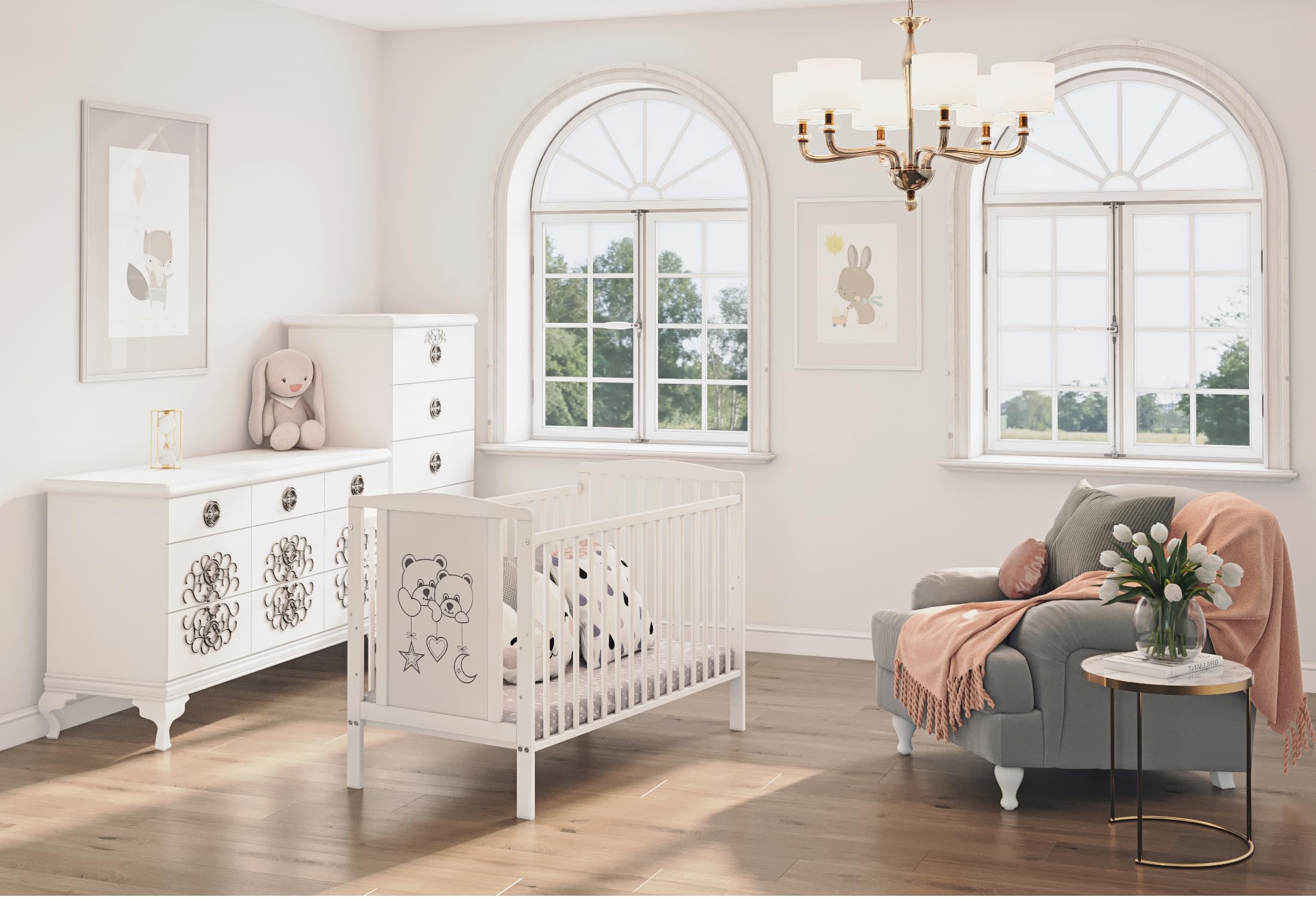 Cuna Oso Luna Ecológica y de Madera Maciza 3 Veces Regulable en Altura con colchón y Tres Lamas extraíbles 60 x 120 cm