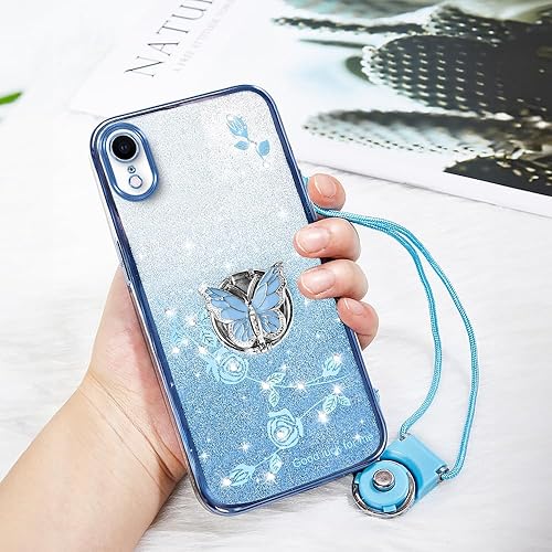 Miniatura 6 de Funda protectora para Apple iPhone XR, para mujeres y niñas, funda protectora de TPU con diseño floral de mariposa con purpurina y soporte + correa
