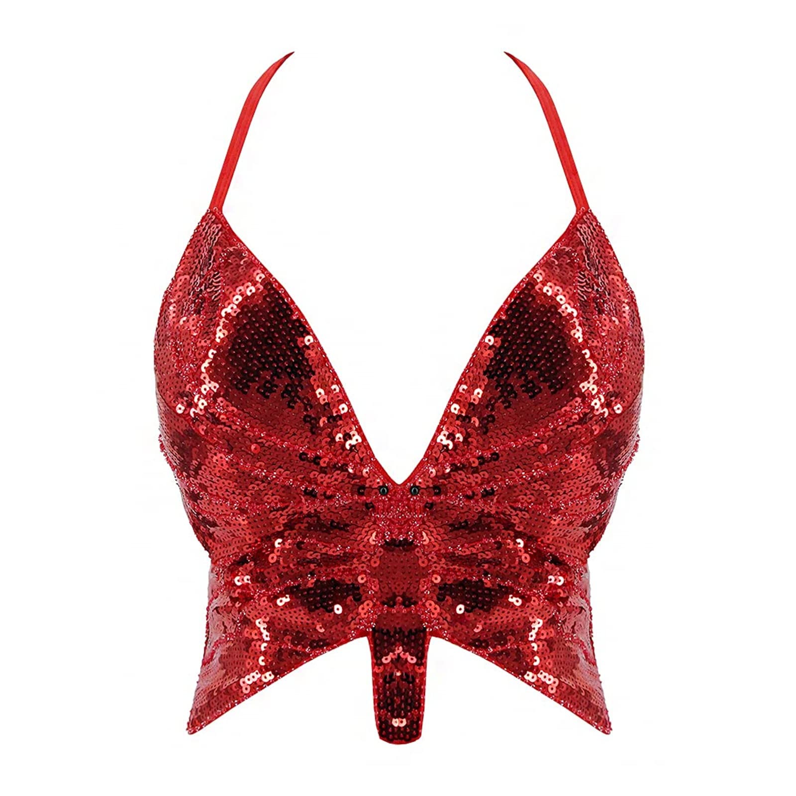 Genérico Top con tirantes de lentejuelas, diseño de mariposa, ideal para danza o espectáculo, moda y brillante