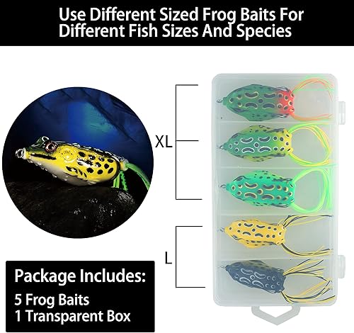 Miniatura 8 de 5 piezas de juegos de señuelos de rana de agua superior con caja de cebo, señuelos de rana de rayo de rana de pesca de agua superior, cebo suave
