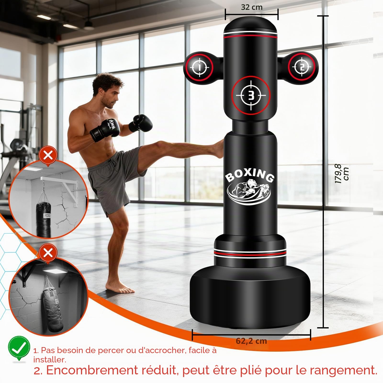 NZQXJXZ Sac de Frappe Adulte 180cm, Sac de Boxe Autoportant avec Gants de Boxe, Pompe, Corde à Sauter et Balle de Réflexe, Sac de Frappe Gonflable pour Hommes pour Entraînement Muay Thai MMA Fitness