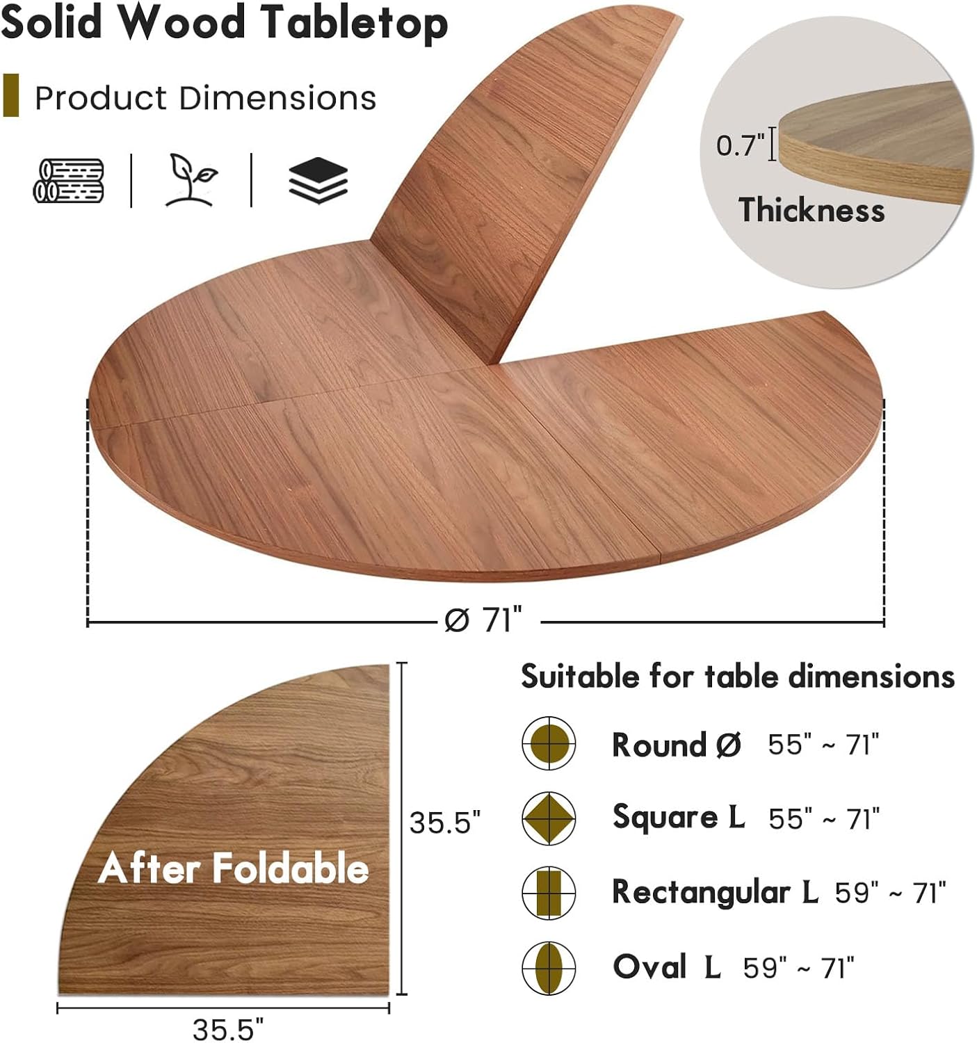 Round Folding Table Top Extender 48/55/59/63/71/79" Solid Wood Table Extension For Dining Table Extender Top Fold Wooden Tabletop for Kitchen Restaurant Workbench Outdoor (Walnut, D - 71")