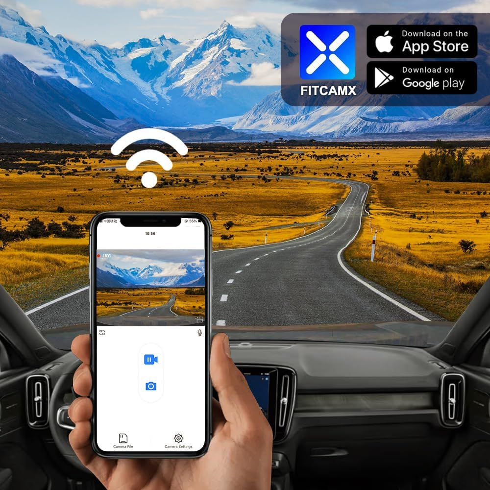 Smartphone displaying Fitcamx app interface with live dash cam view