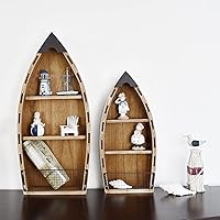 Vista 2 de Juego de 2 estantes de madera para barco, decoración de pie, canoa náutica para colgar en la pared para playa, baño, sala de estar, bebé, cuarto