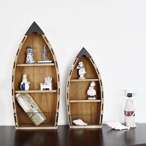 Miniatura 2 de Juego de 2 estantes de madera para barco, decoración de pie, canoa náutica para colgar en la pared para playa, baño, sala de estar, bebé, cuarto de