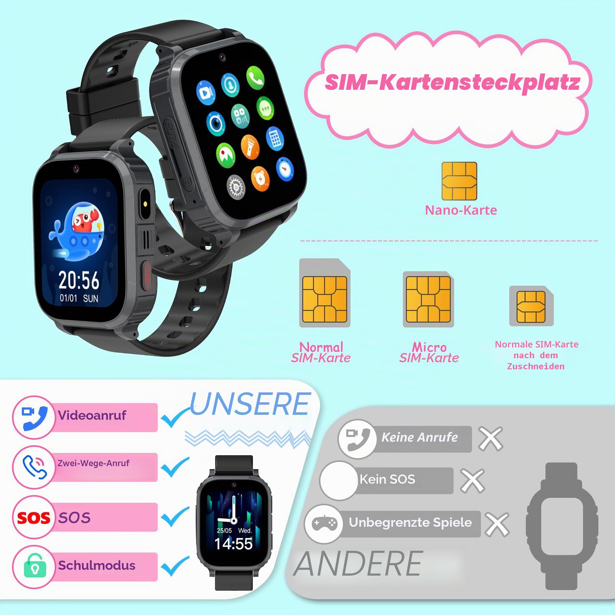Smartwatch Kinder GPS, Kinder Smartwatch mit GPS Kinderuhr 1,83" HD Spiel IP68 Wasserdicht Wecker Taschenrechner, Smart Watch Geschenk für Mädchen Jungen Student (Schwarz)