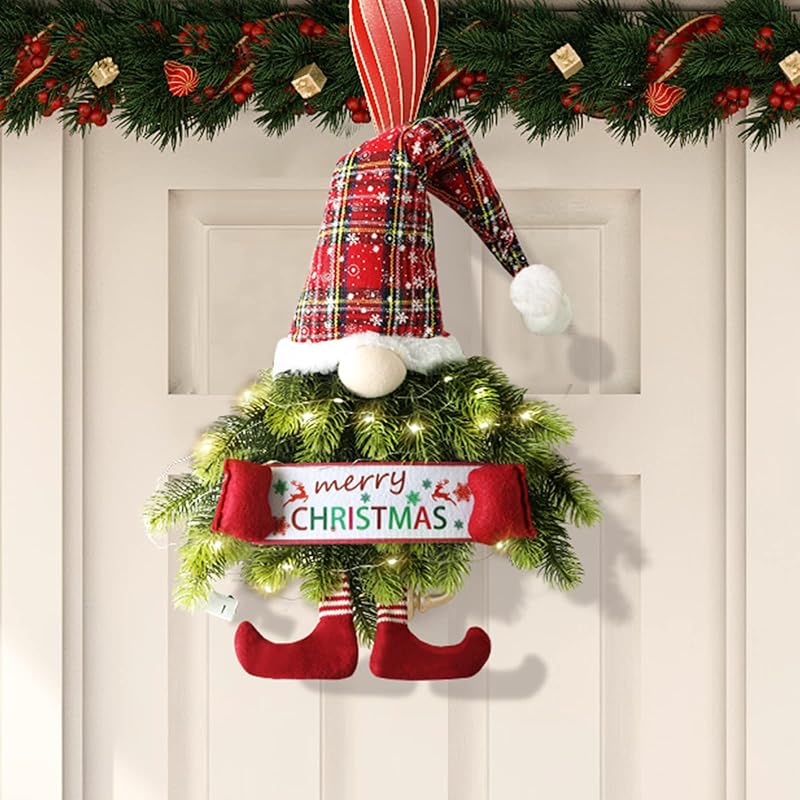 30 Inch Christmas Wreath Pine Needle Christmas Door Wreath Gnome for Window, Hanging Ornament Swedish Tomte Christmas Decorations Wreath for Room Window Porch with Led String Lights