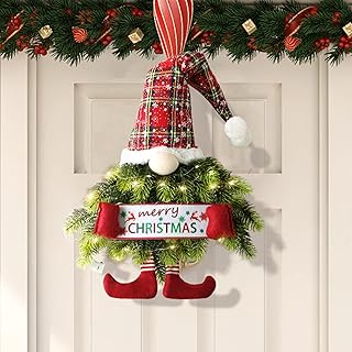 30 Inch Christmas Wreath Gnome, Pine Needle Christmas Gnome Wreath for Front Door, Hanging Ornament Swedish Tomte Christmas Decorations Wreath for Room Window Porch with Led String Lights