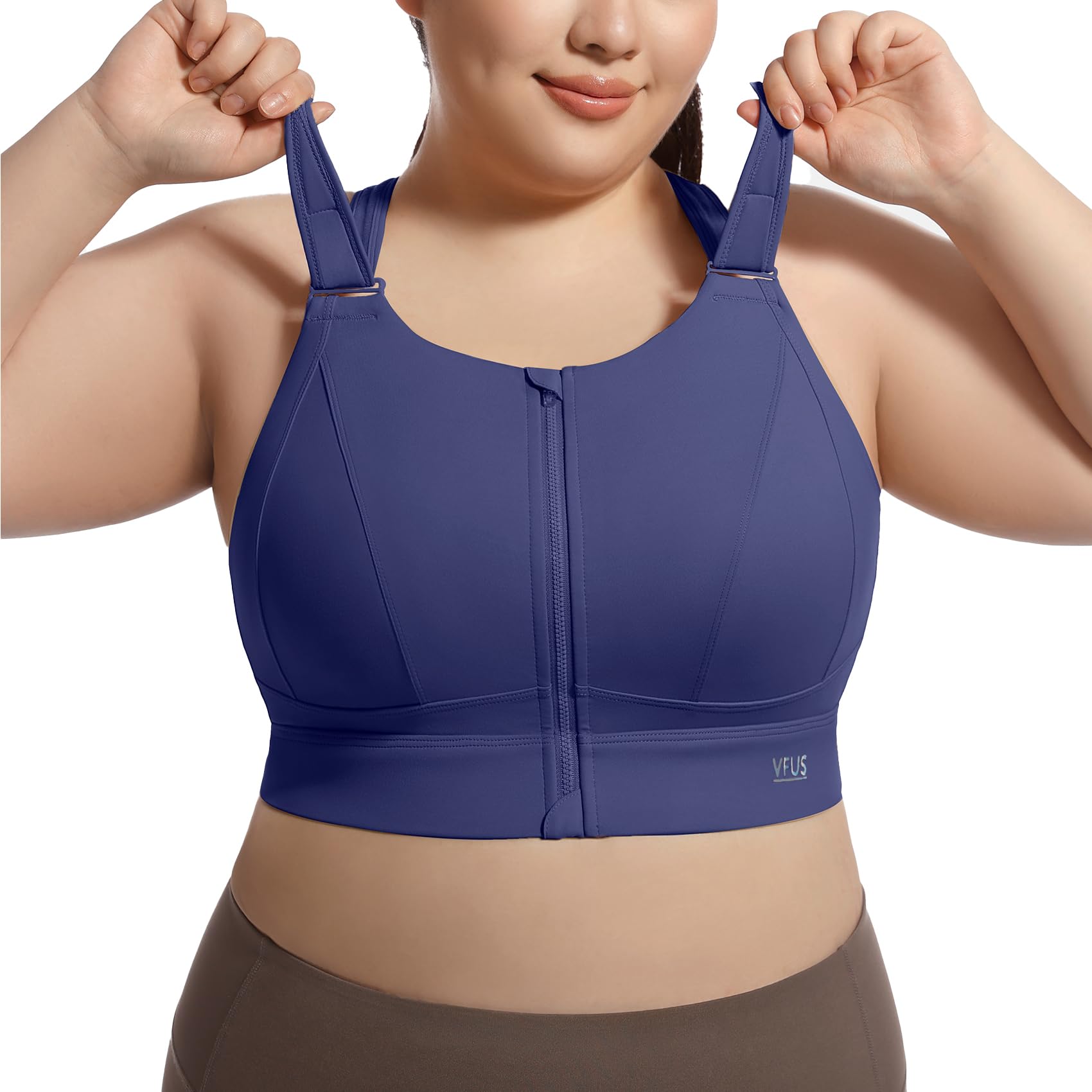 VFUS High Impact Sports Bras for Women Adjustable Zip Front Plus Size Workout Bra Full Coverage Removable Padded Running