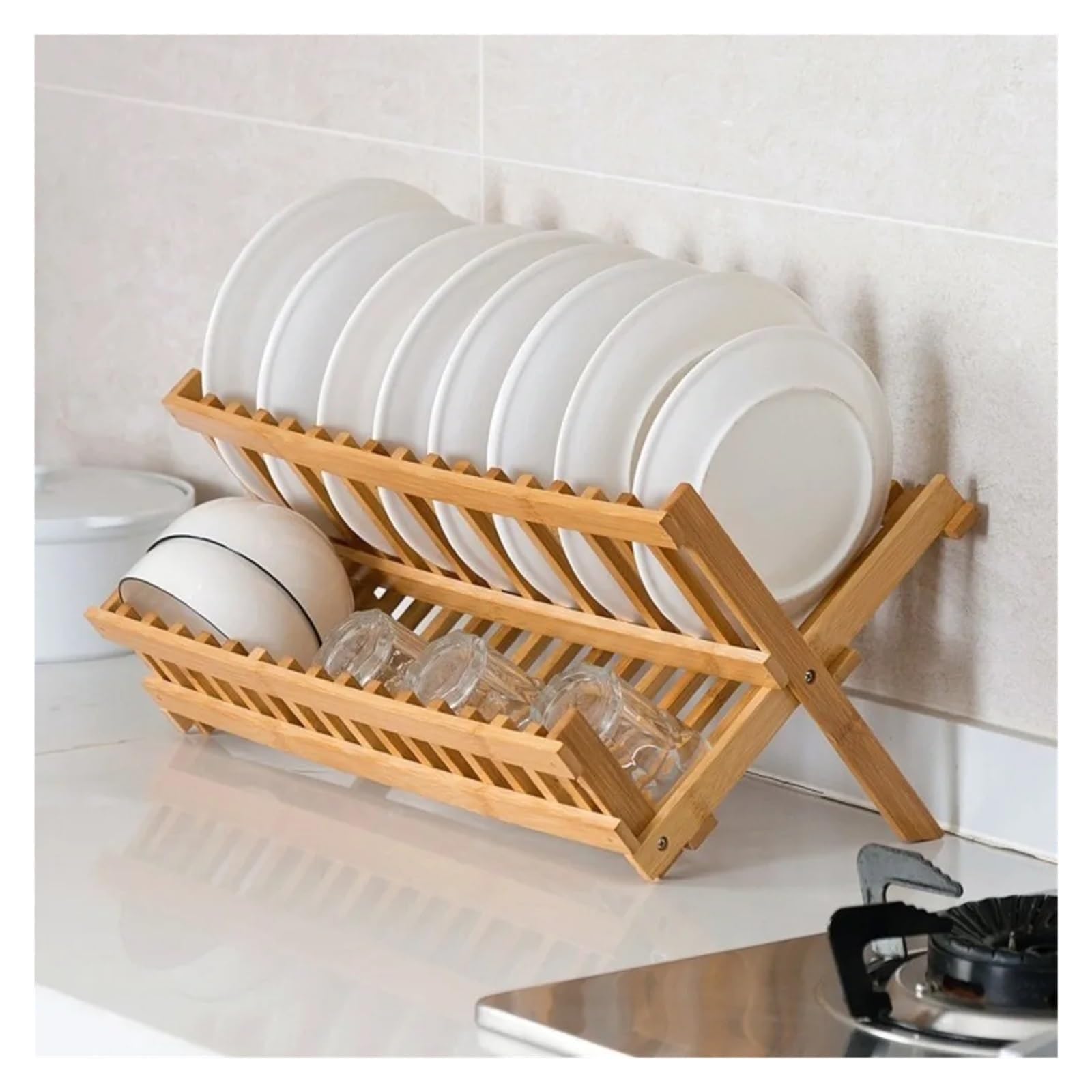 Scolapiatti Pieghevole A 2 Livelli Resistente, Scolapiatti Retrò In Bambù, Scolapiatti Pieghevole Naturale, Portaoggetti Da Cucina(20 Grids)