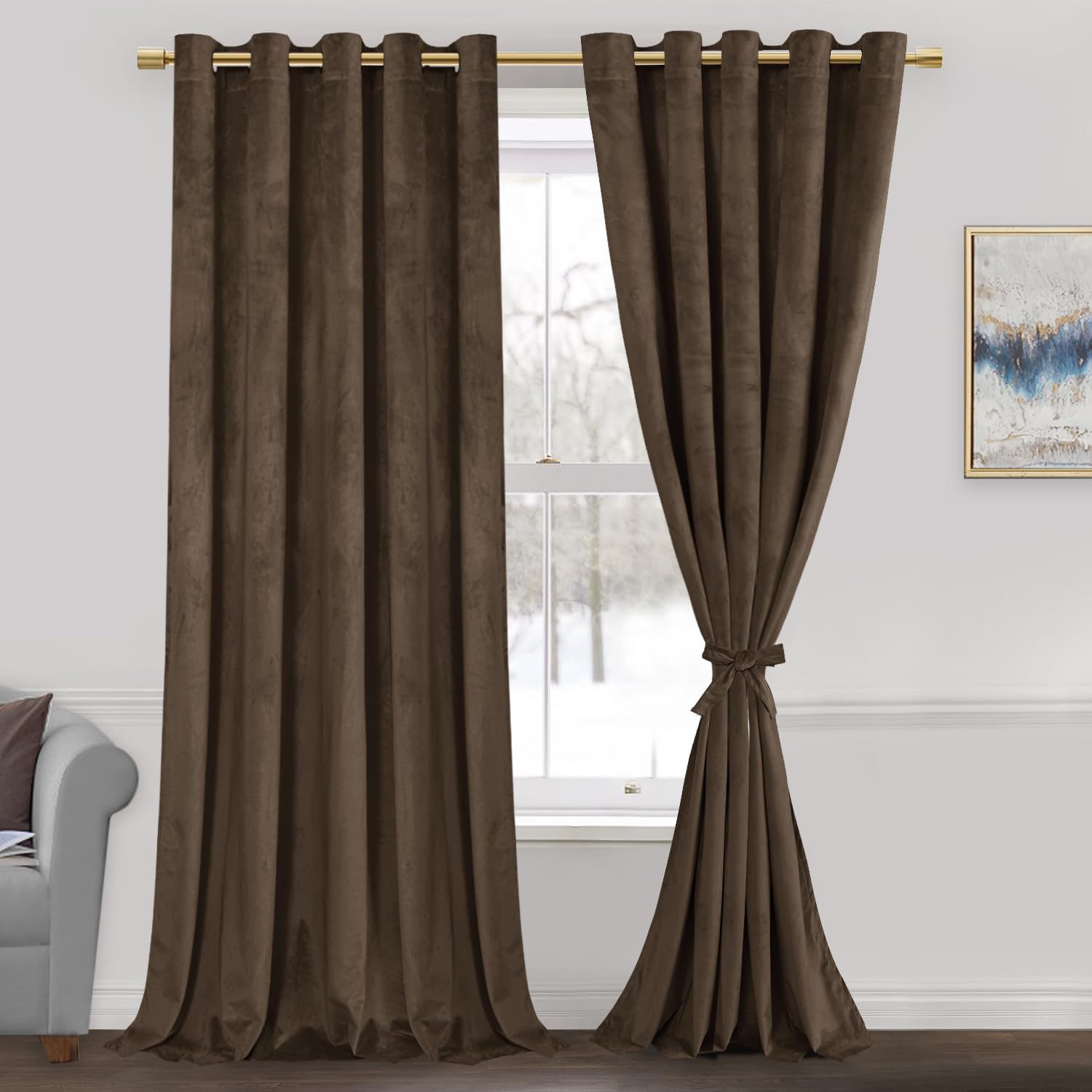 JIUZHEN Room Darkening Velvet Curtains 2 Panels Set, Luxury Window Treatment Privacy Thermal Insulated Backdrops for Living Room/Office,60W x 96L, Brown