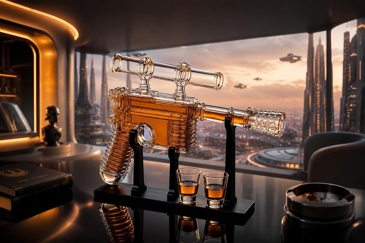 Whiskey Decanter Set for Men, 450mL DL-44 Sci-Fi Blaster Glass Liquor Bottle with 2 Shot Glasses and Wood Stand, Pistol Gun Decanter for Bourbon Scotch Home Bar, Man Cave Bar Shelf Display