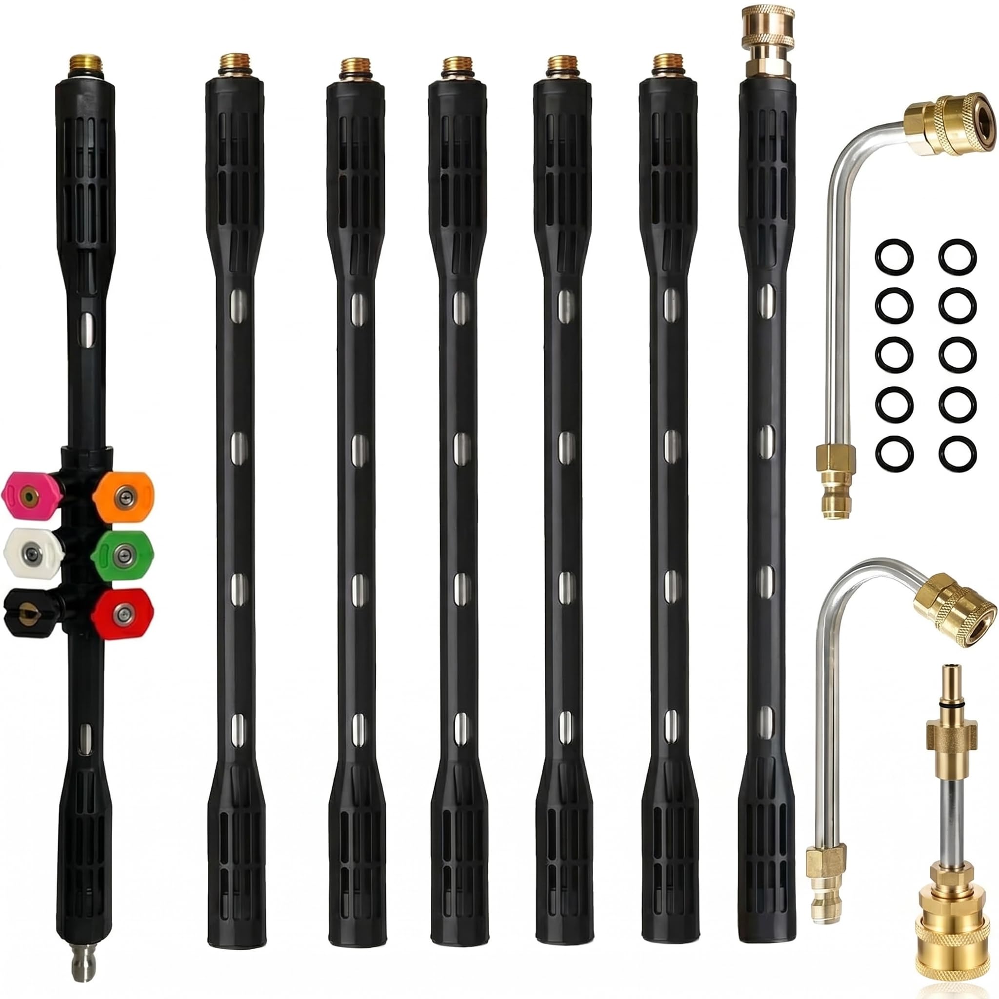 YUET High Pressure Washer Extension Wand, Extension Power Washer Lance with 6 Spray Nozzle Tips, 9 Pack Gutter Cleaner Attachment Curved Rod, 1/4" Quick Connect,Anti-Leaked Ring (for Bosch Adapter)
