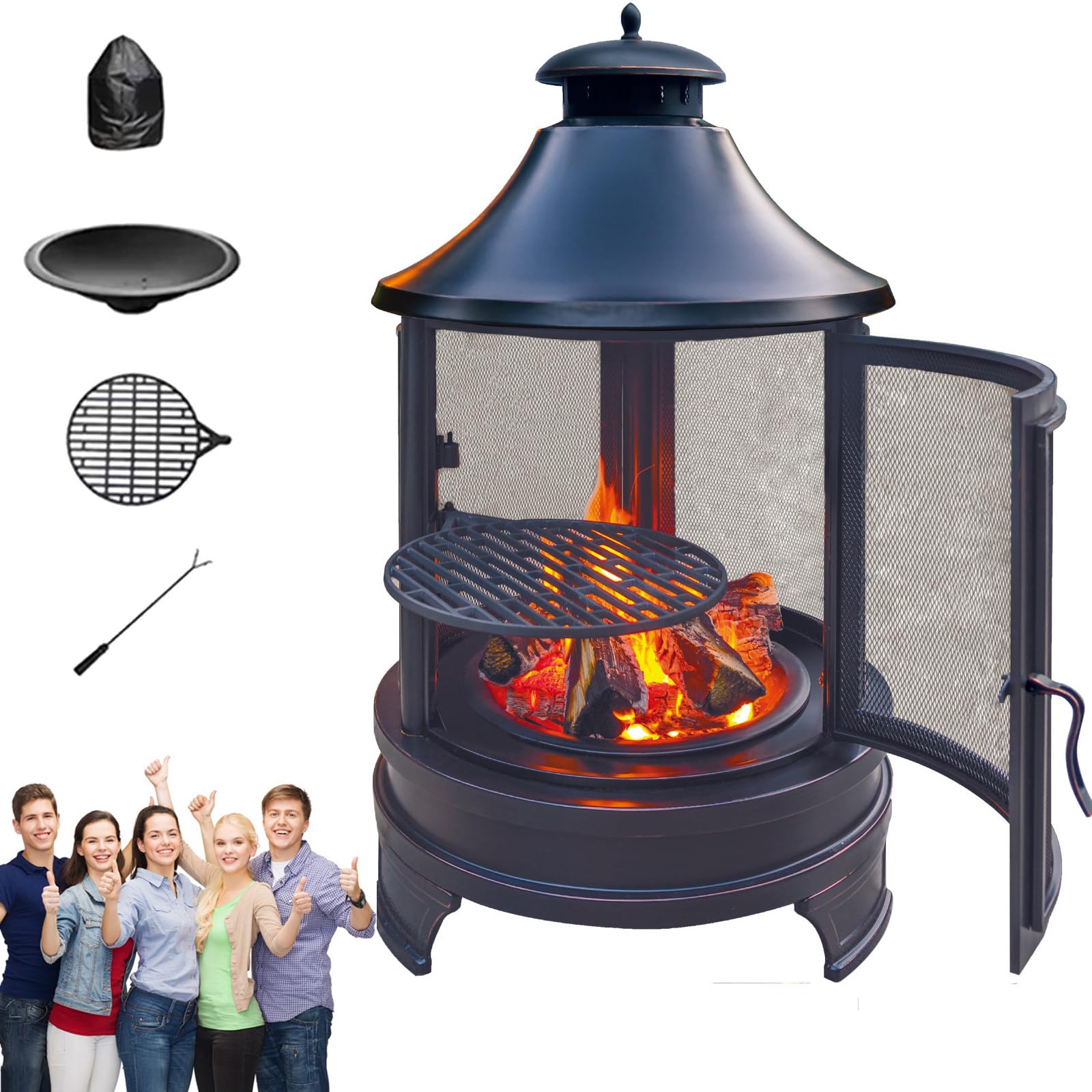 Cast Iron Chimineas & Outdoor Heater – All-Weather Anti-Rust | Removable Ash Pan, Easy-Clean, Smoke Deflector, No Smoke Blowback, Fit for Camping, RV, Bonfire