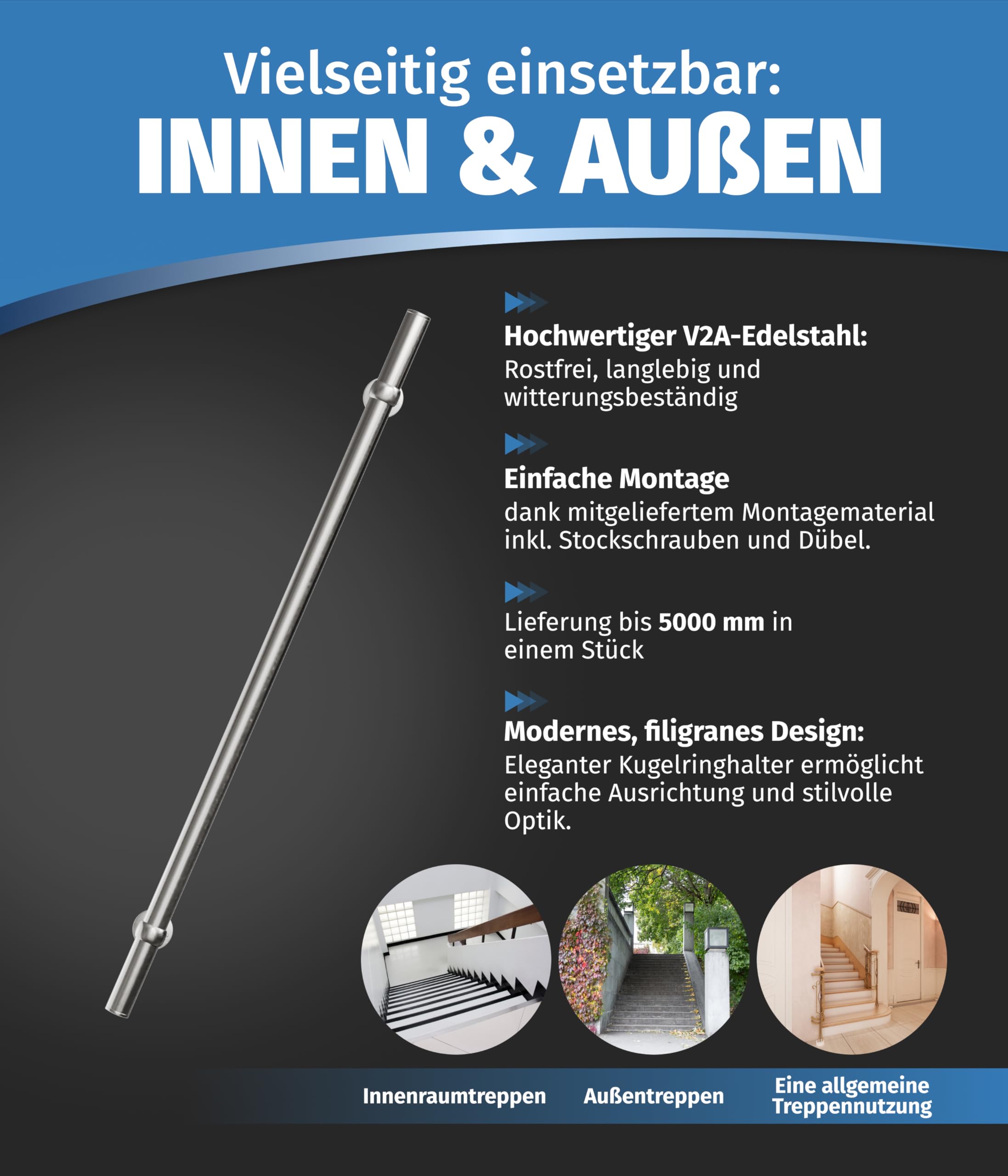 ID33® Konfigurierbarer Handlauf Edelstahl Bola - Stabiles Treppengeländer - V2A Edelstahl - Made in Germany