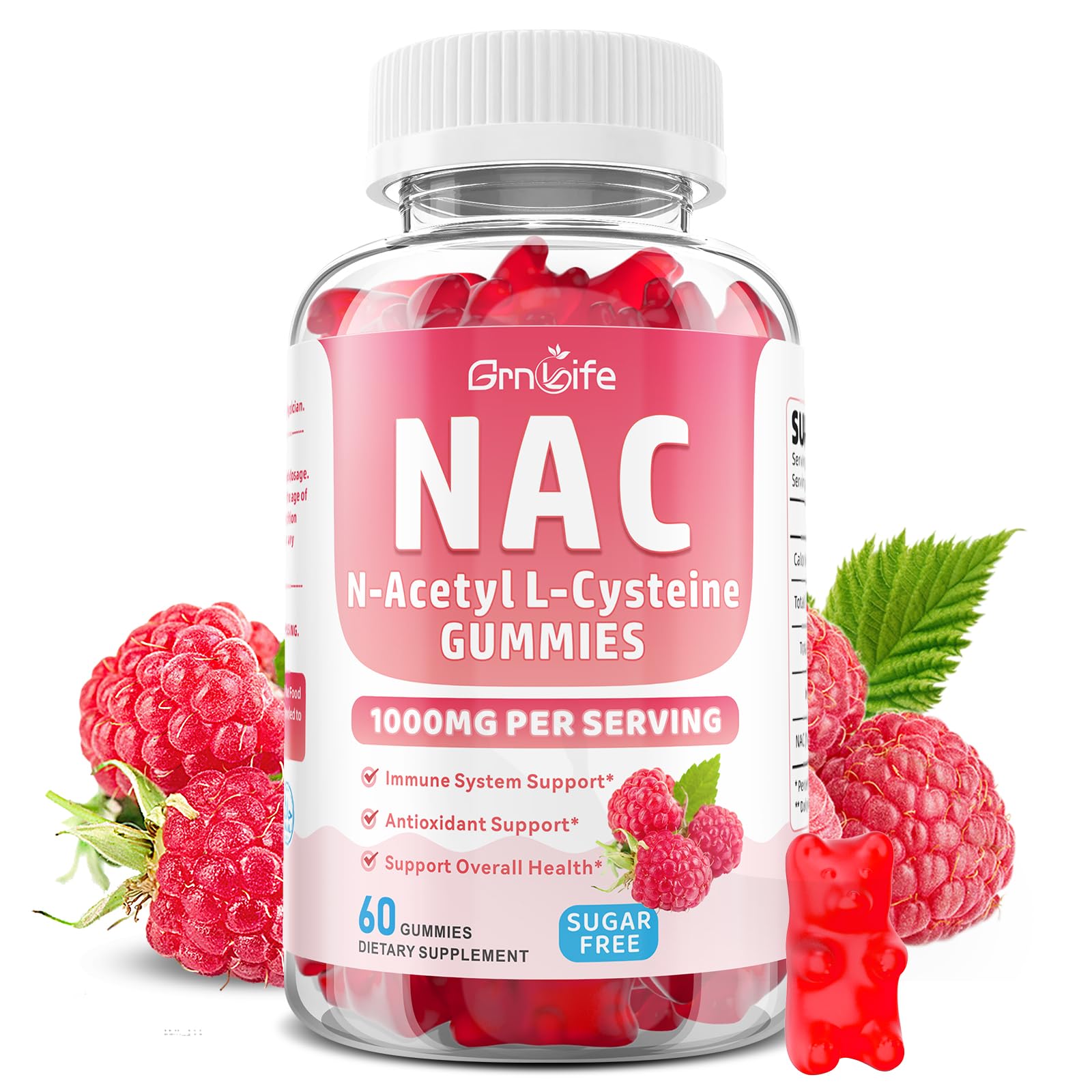 NAC Gummies for Kids & Adults, 1000mg N Acetyl Cysteine Supplement NAC Chewable for Antioxidants & Immune Support, Liver Health, Raspberry Flavor, 60 Count 60 Count (Pack of 1)