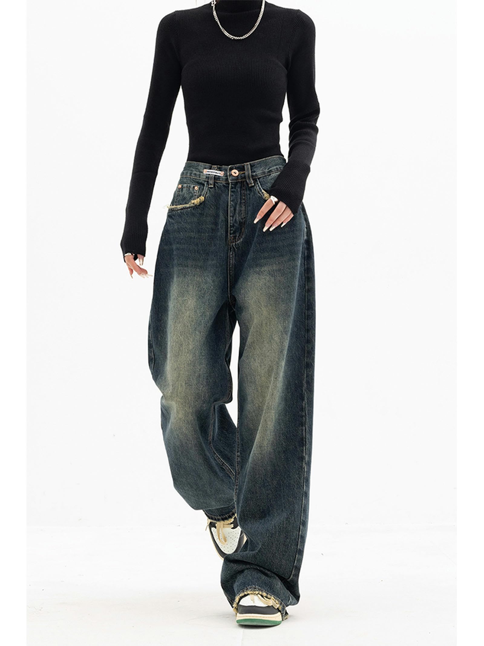 Moda Americana Streetwear Jeans a Gamba Larga Pantaloni di Jeans Femminili Pantaloni di Jeans Larghi Jeans Vintage Blu a Vita Alta da Donna Y2K-Blu Profondo-M