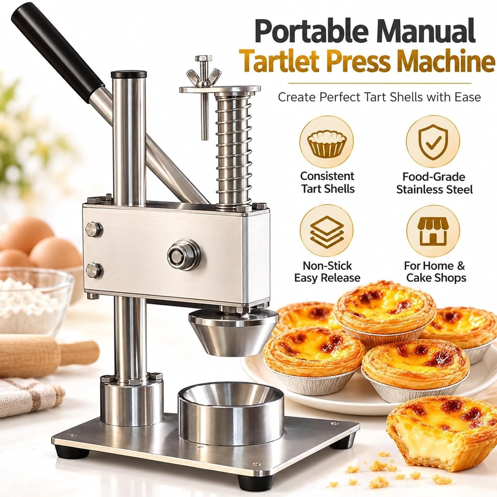 Máquina portátil manual para tartaletas con moldes antiadherentes