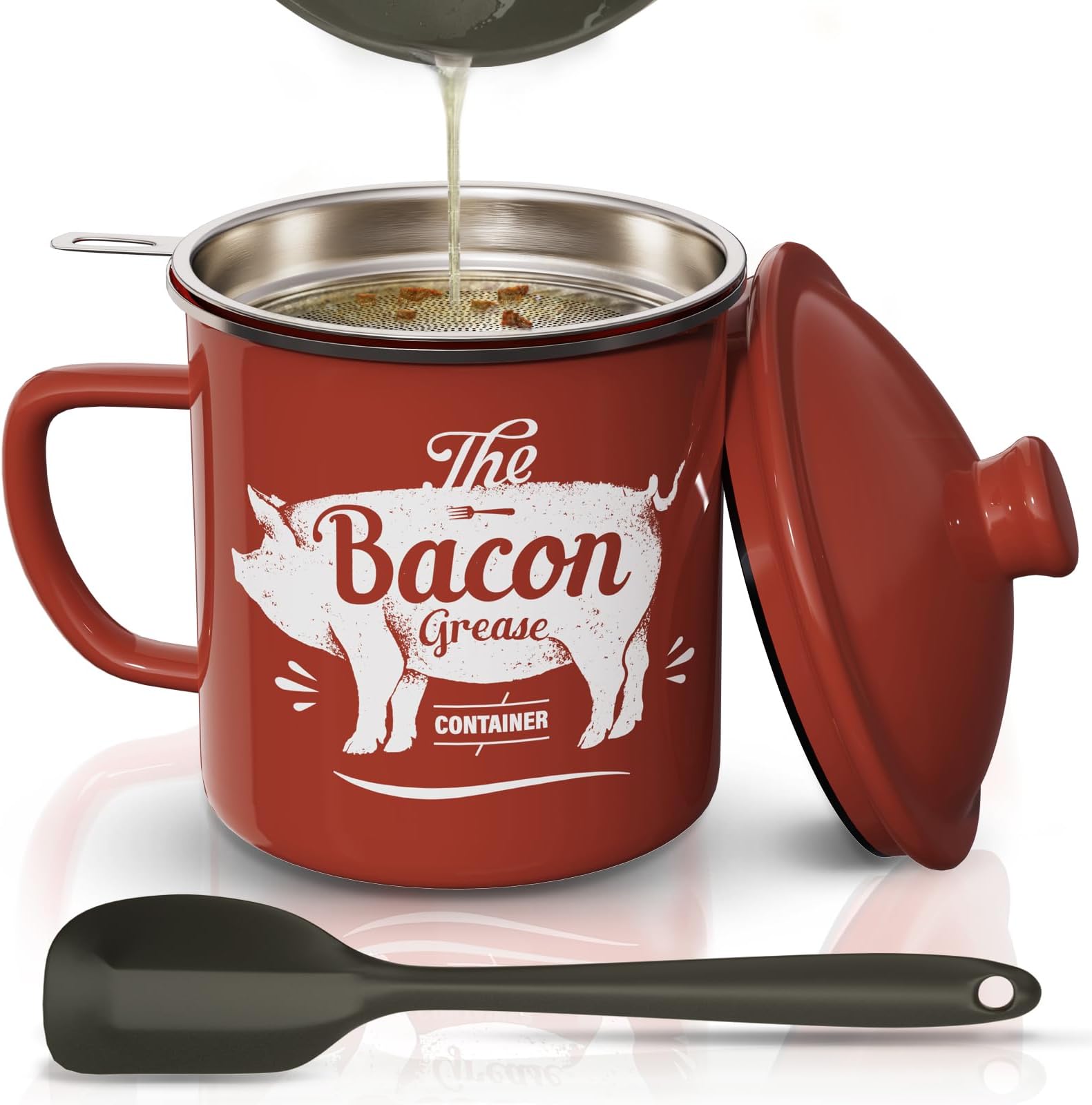 Bacon Grease Container With Strainer, 46OZ Large Enamel