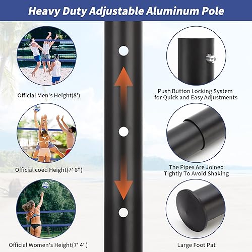 Miniatura 7 de Red de voleibol portátil para exteriores para patio trasero, playa, sistema de red de voleibol resistente con postes de aluminio de altura ajustable