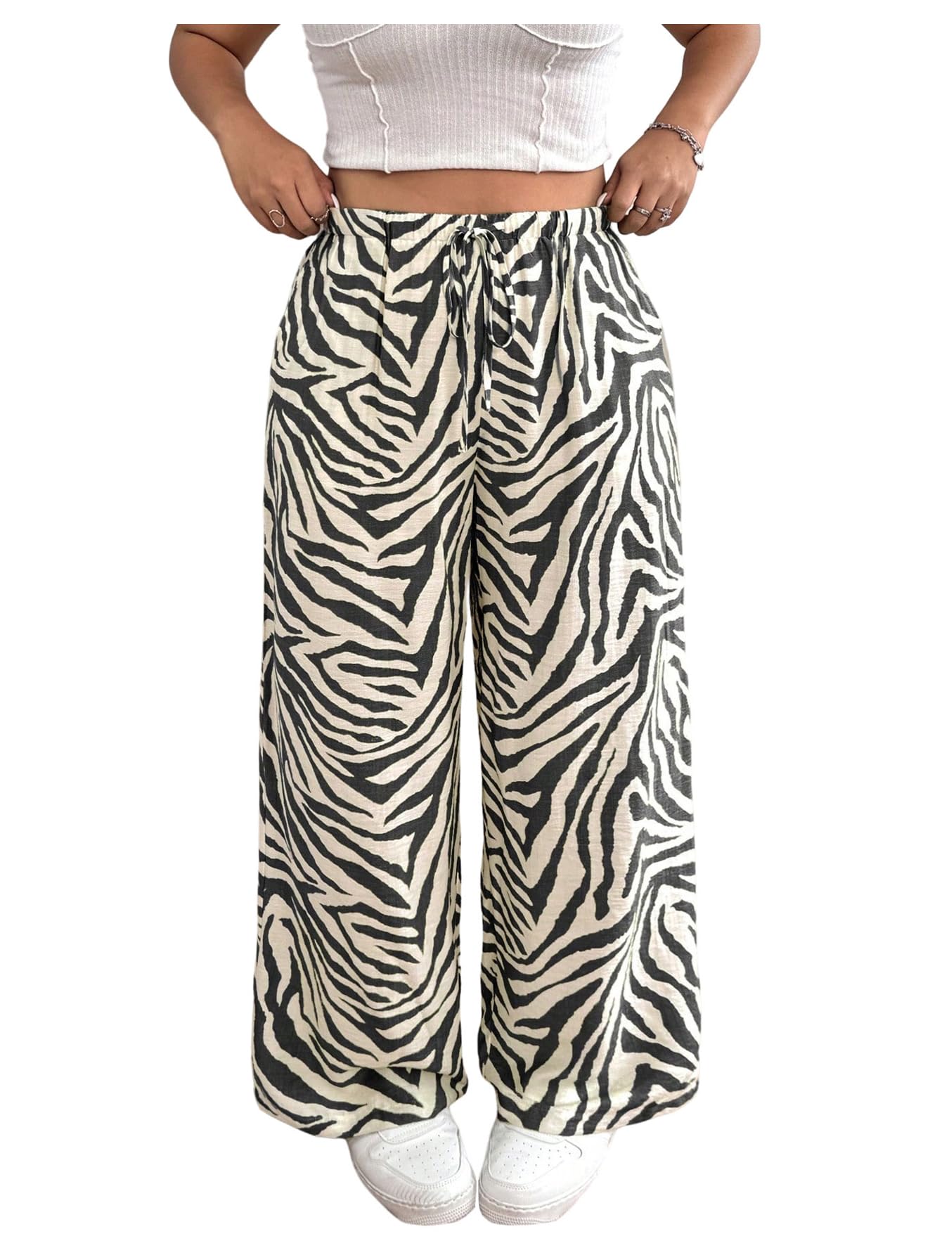 Floerns Womens Plus Size Casual Zebra Print Wide Leg Pants Drawstring Lounge Baggy Pant