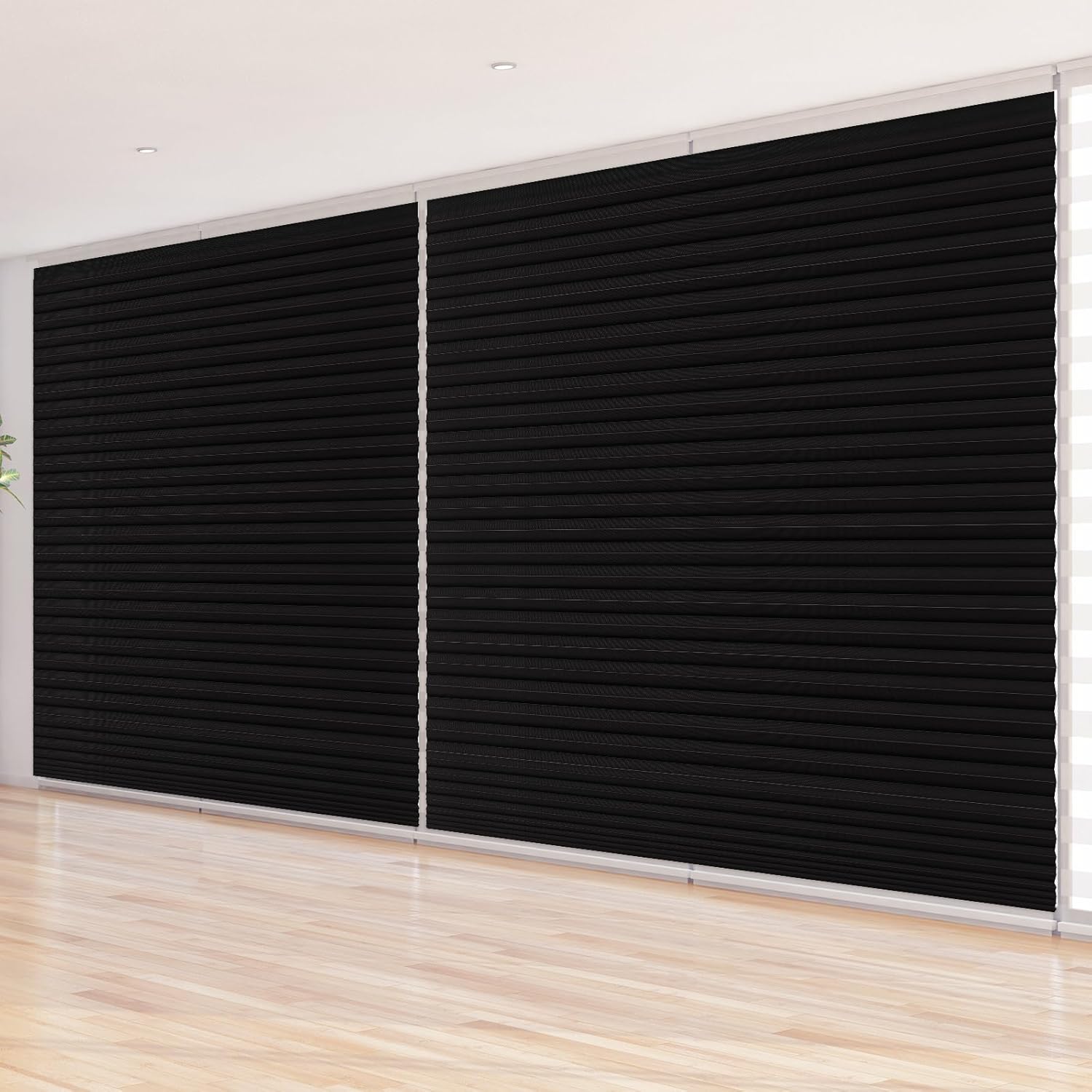 Threehoney 2 Pcs Black Temporary Blinds Cordless No Drill Cut to Size Non-Woven Fabric Adhesive Privacy Blind for French Door Sliding Door Window Light Filtering Pleated Shade (48 x 110 Inches)