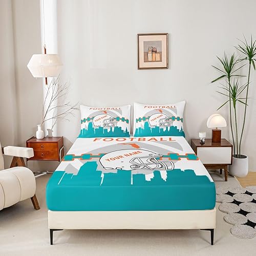 Miniatura 5 de Erosebridal Juego de cama matrimonial personalizado para niños, amantes del fútbol americano, sábana bajera ajustable con 2 fundas de almohada