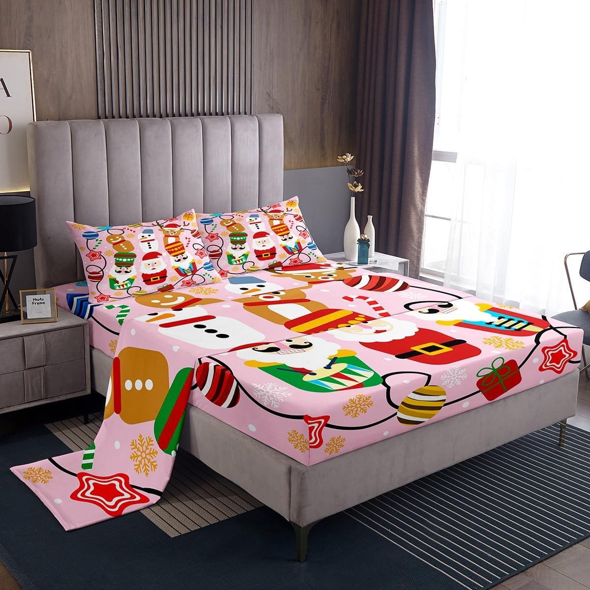 Feelyou Christmas Bed Sheets Set King Size The Nutcracker Deep Pocket Fitted Sheet Santa Claus Bedding Sets Cute Deer Soft Bed Set 4Pcs with 2 Pillow Cases