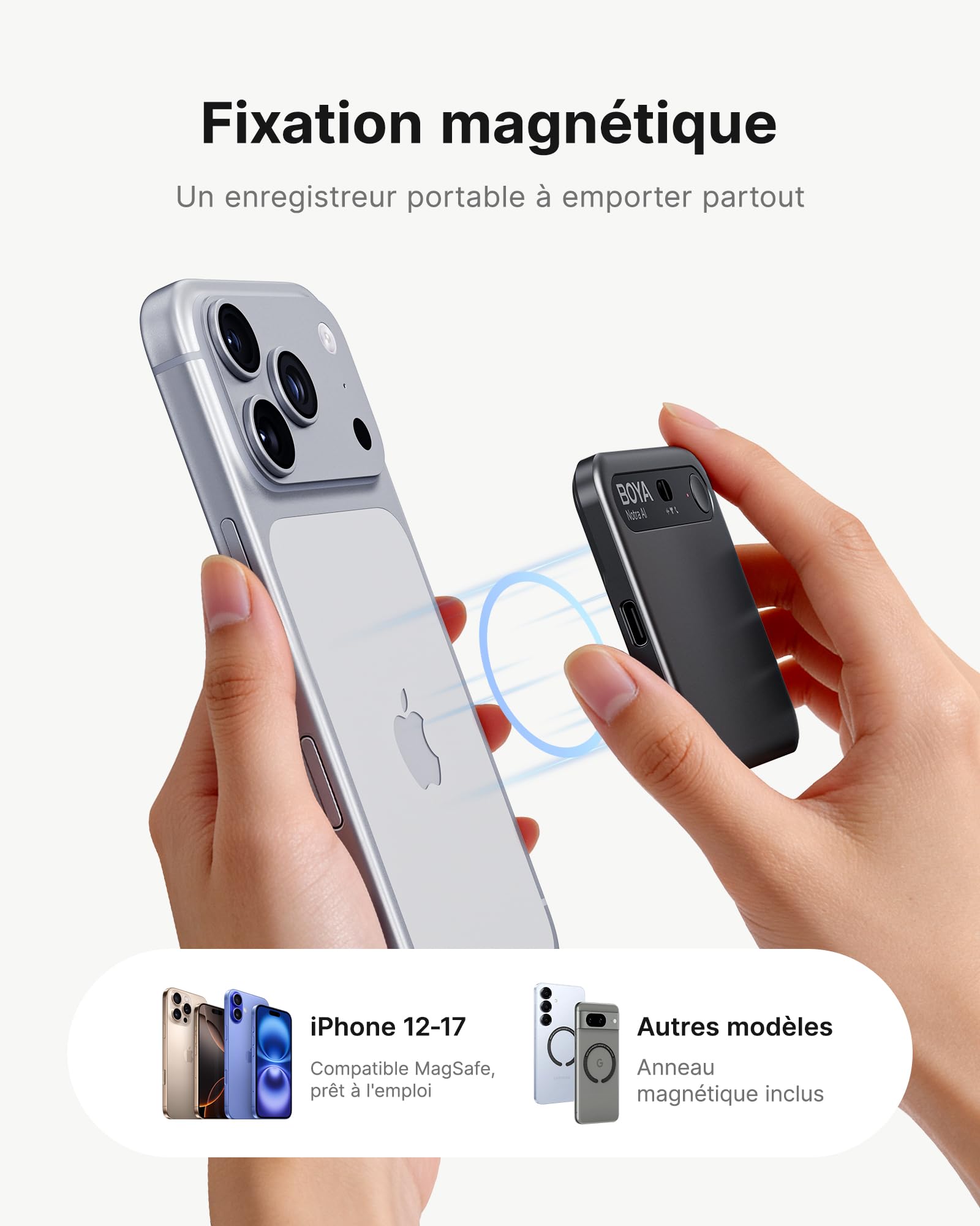 BOYA Notra Enregistreur Vocal IA Dictaphone Numérique avec Transcription et Résumé intelligents, Enregistrement Ambiant/Appels/Casque Bluetooth pour Réunions, Appels et Sessions en Ligne, Noir