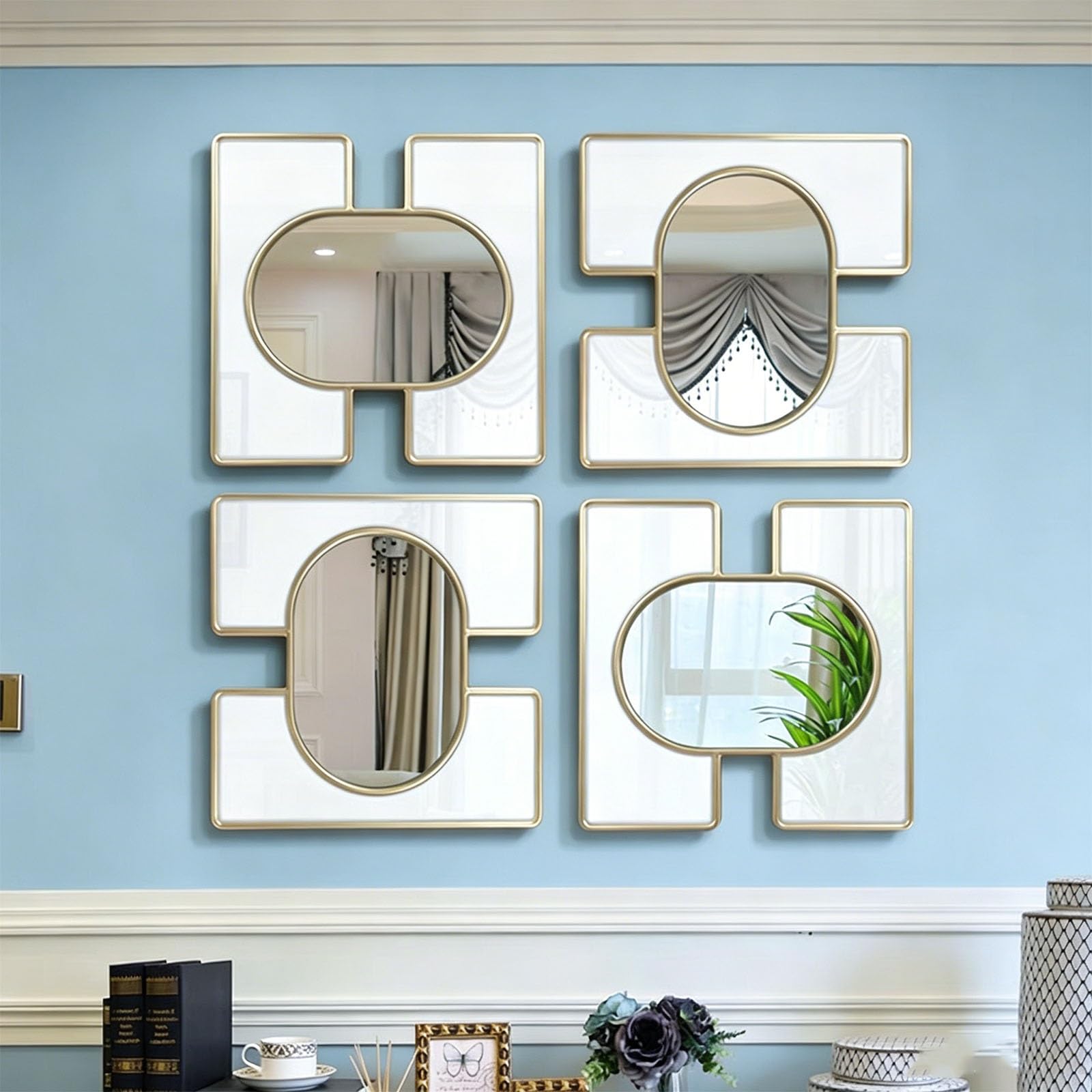 DAJIAYIQI Gold Wall-Mounted Mirrors, Modern Art Home Wall Hanging Decorative for Living Room Bedroom Bathroom Dining Room(4pcs)