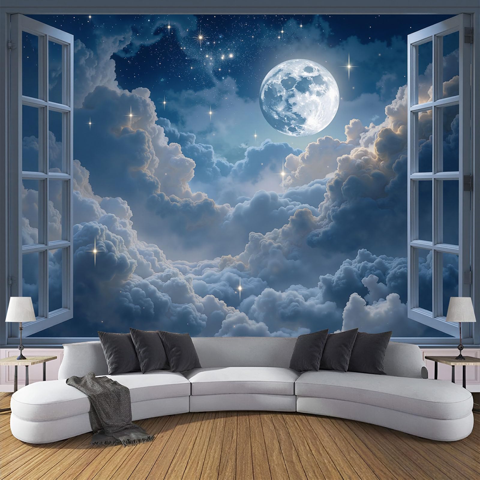 Décoration murale soie haut de gamme paysage lunaire bleu et blanc épuré