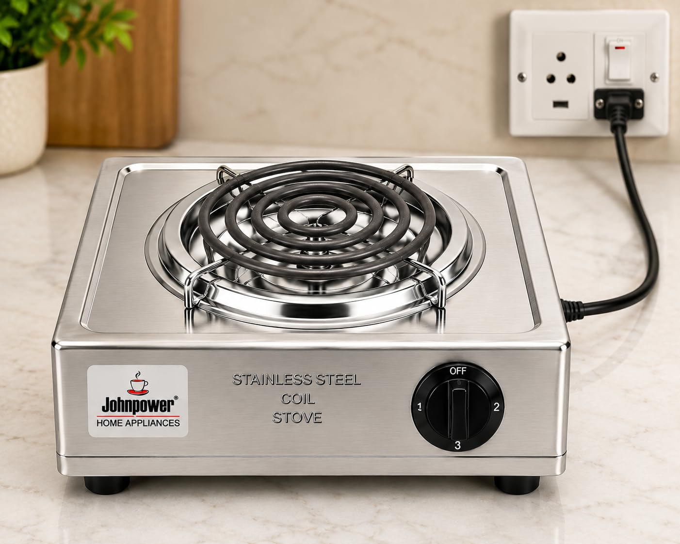 Johnpower Stainless Steel Electric Coil Stove, 2000W | 5-Level Temperature Control, Even Heat Distribution, Overheat Protection, Portable & Compact, All Cookware Compatible-image-2