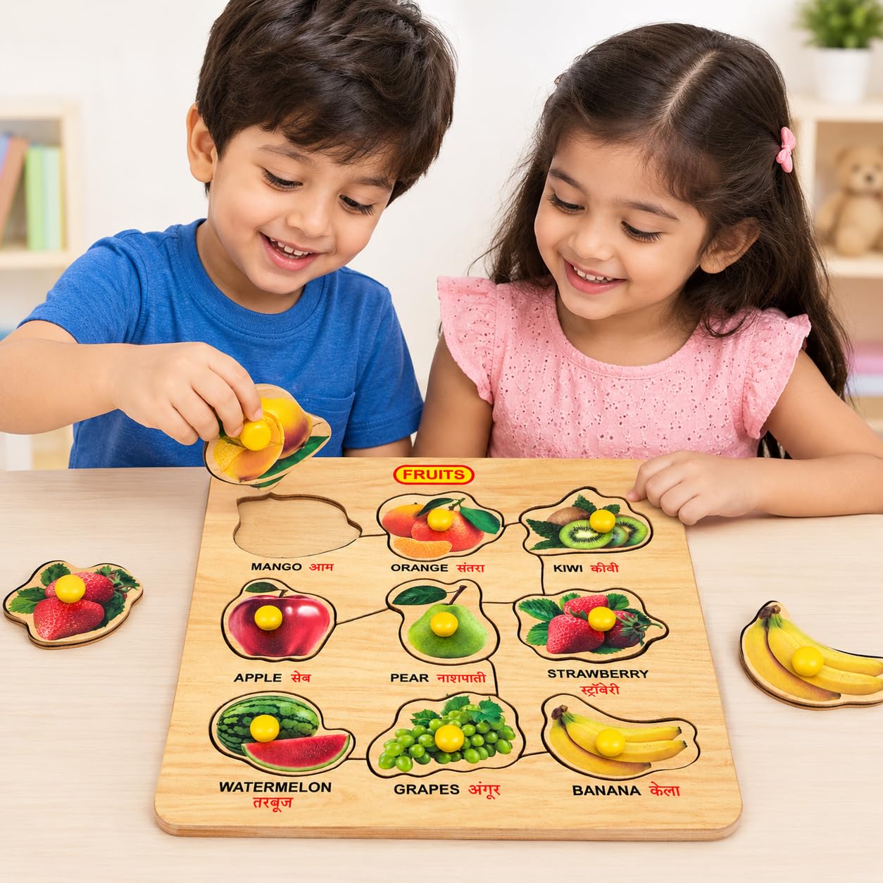 Buy Fruits Wooden Puzzle for Kids, Hindi English Learning Board