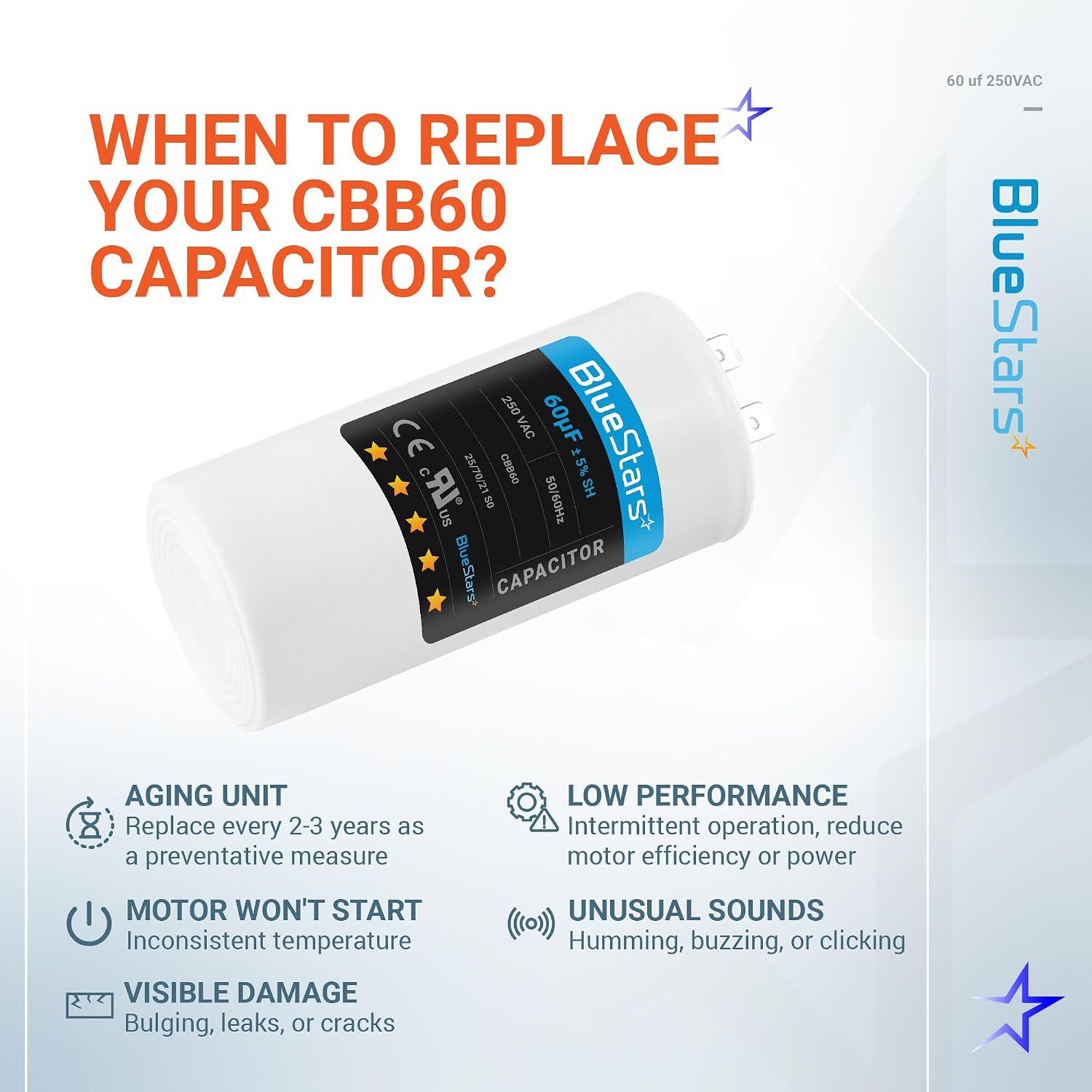 [UL Listed] BlueStars CBB60 60 uF MFD ±5% 250 VAC Volt 50/60Hz AC Capacitor Round Run Start Capacitor with Screws 40/70/21 - Fit Air Conditioner Motor Run Condenser Straight Cool Heat Pump Pool Pump