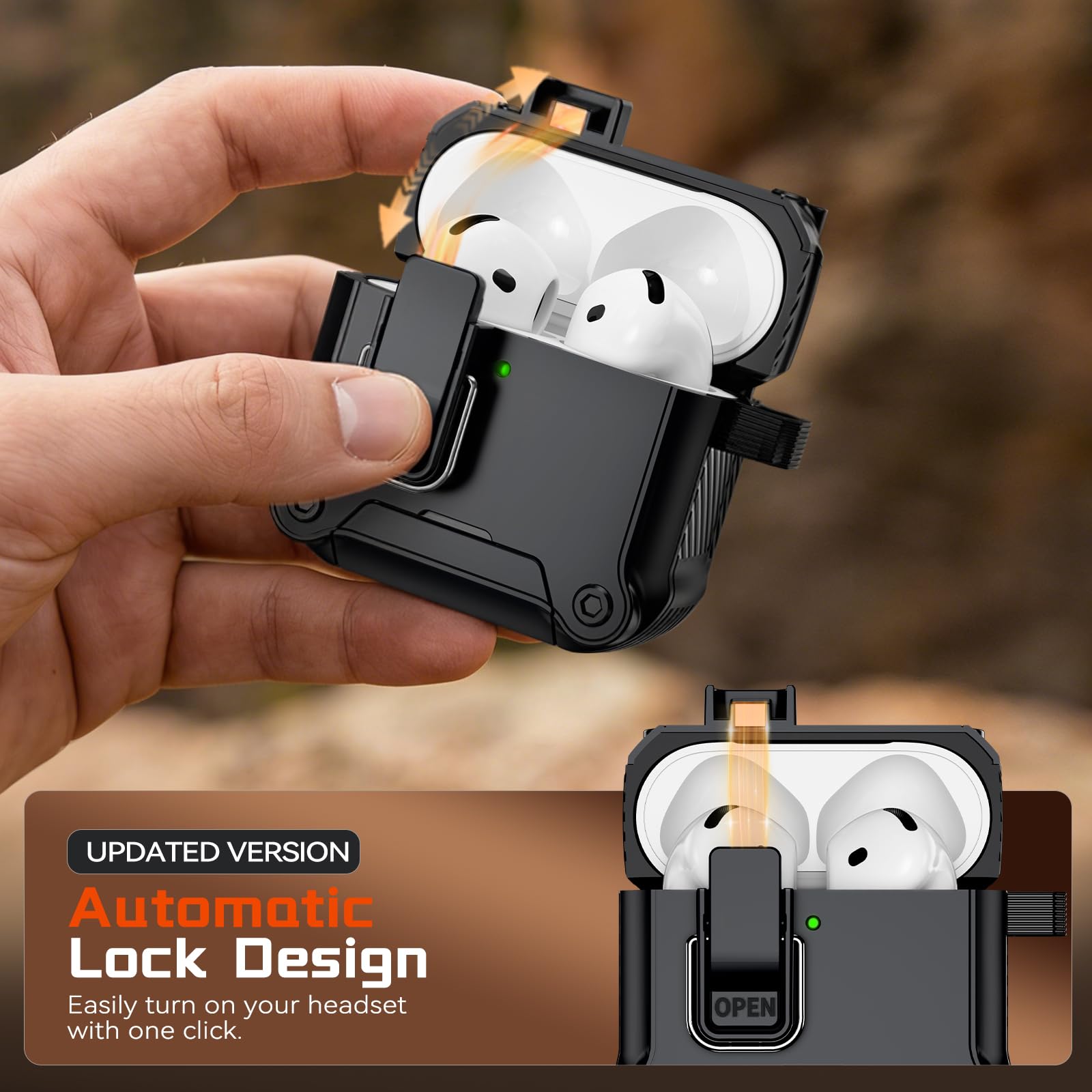 Inesore Dual-Lock Hülle Compatible with AirPods 4 (Black) | Phone Stand Design, with Carabiner and Cleaning Pen, Automatic Snap Switch Secure Cover for Travel