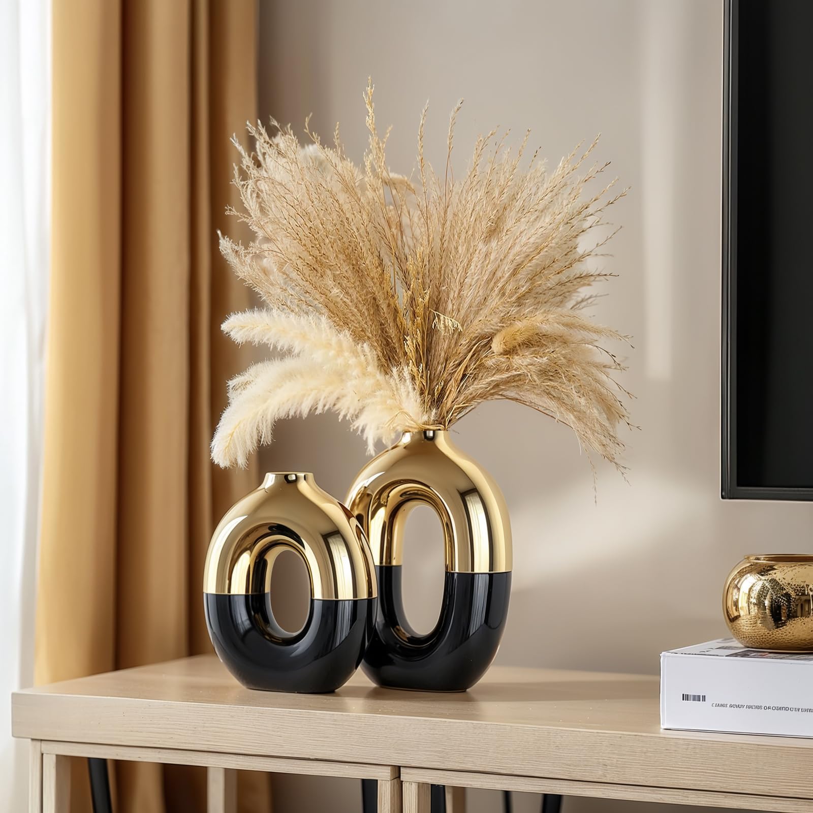 Keramikvasen-Set in Schwarz und Gold, runde Donut-Vase für Pampasgras für Regaldekoration, Zuhause, nordische Moderne ovale Vase für Bücherregal, Kaminsims, Tafelaufsätze, Bauernhaus, rustikale